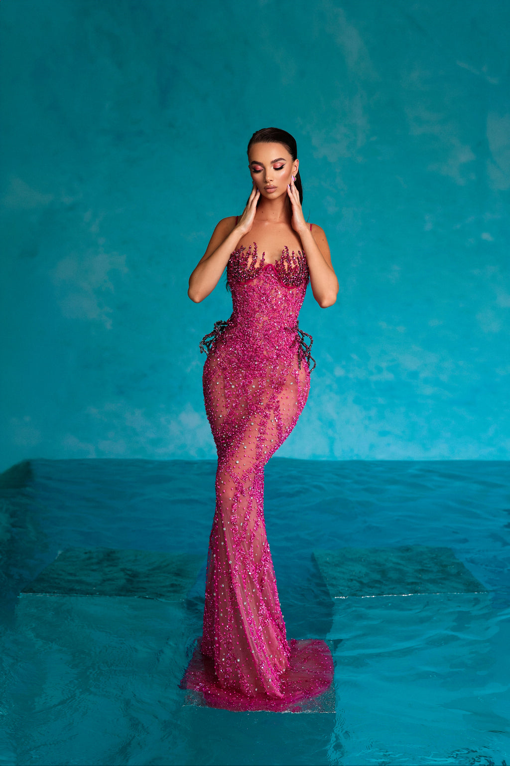 Fuchsia Beaded Dress with Rhinestones Bralette