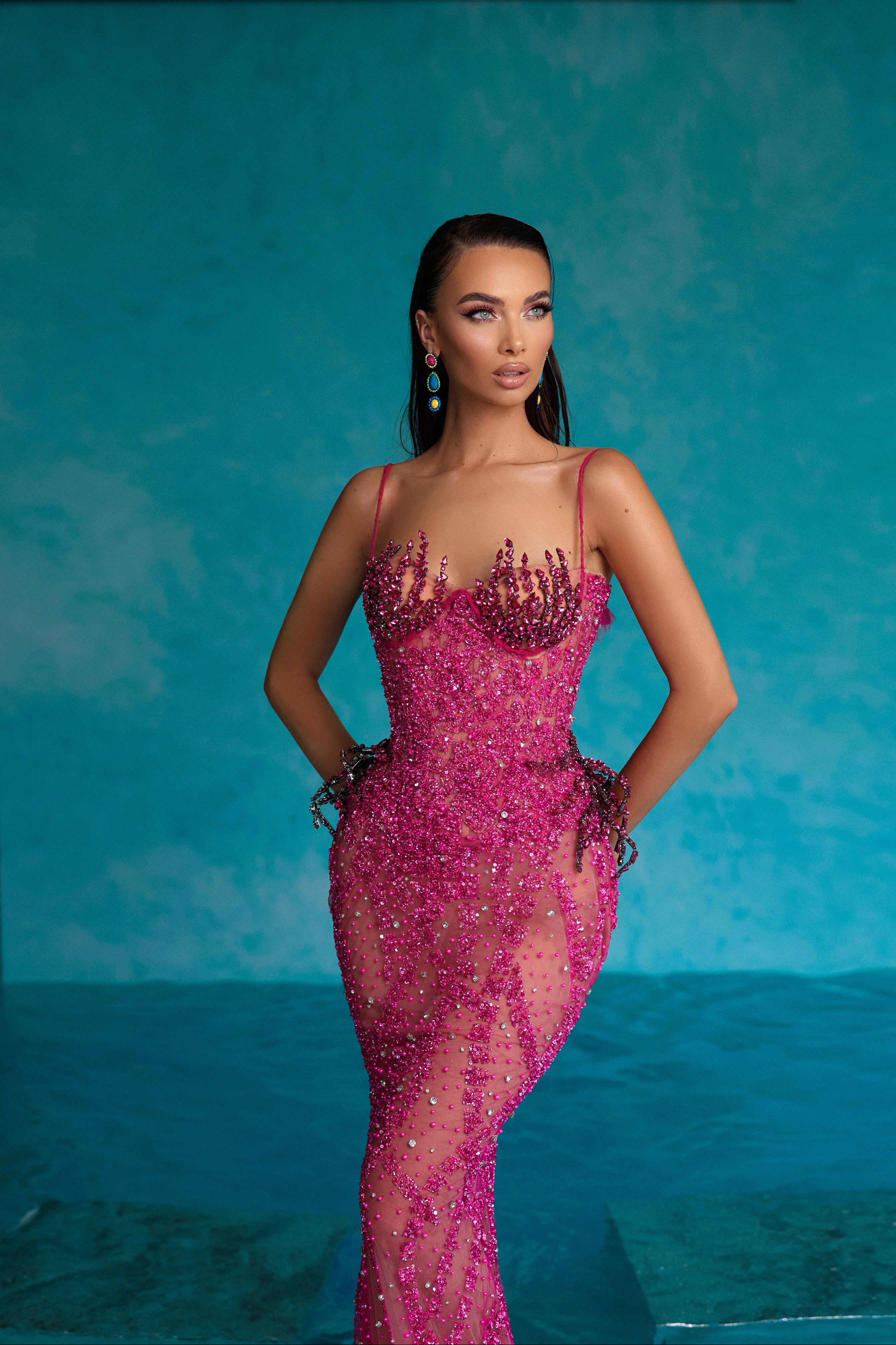 Fuchsia Beaded Dress with Rhinestones Bralette L