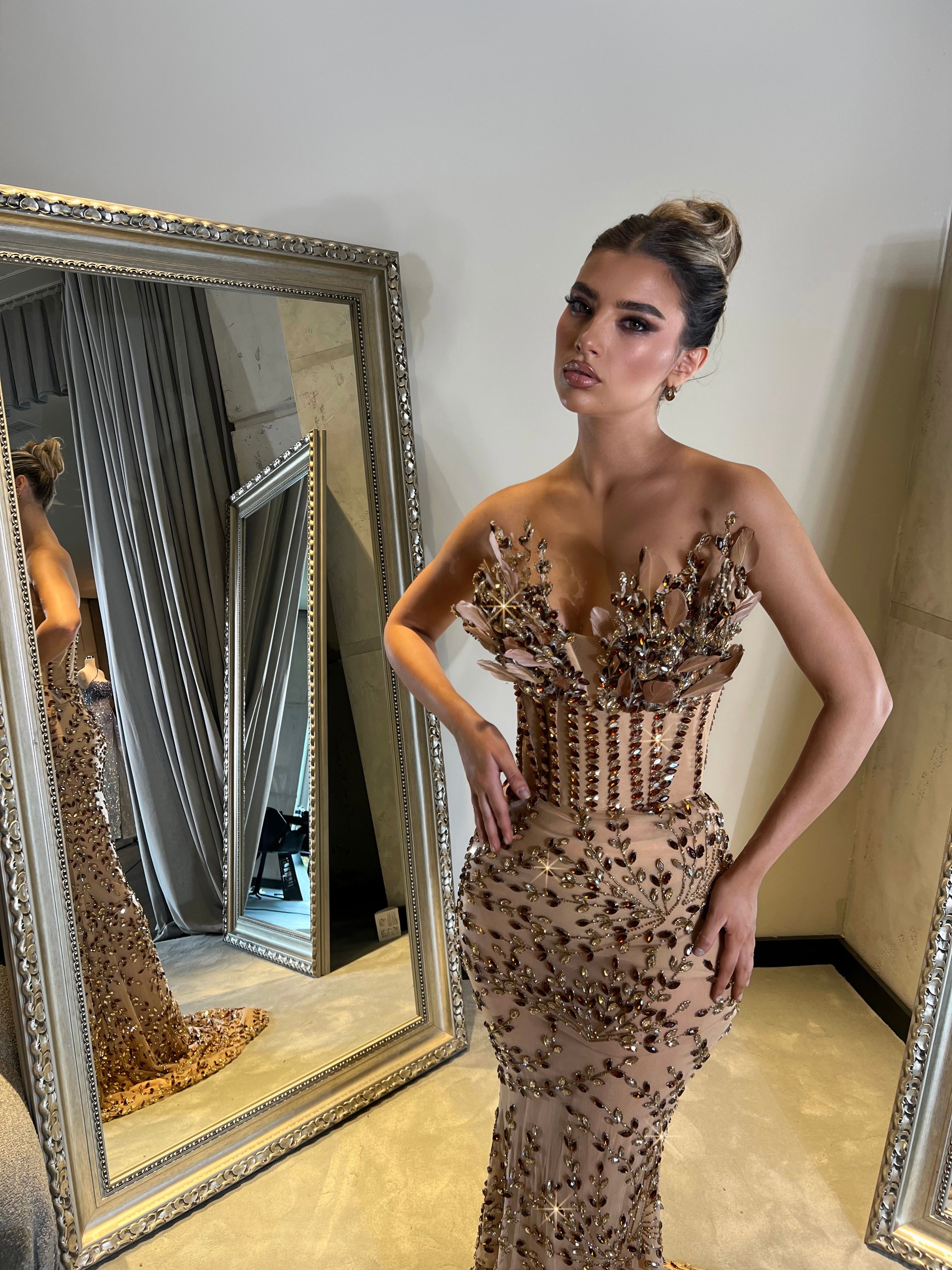 Silver Rhinestone Long Dress with Boning Corset