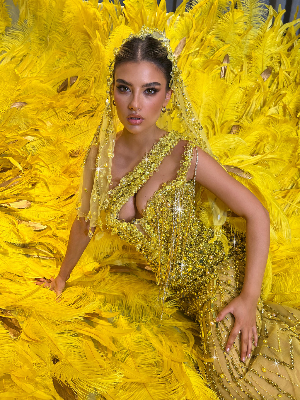 Khalia with feathered train