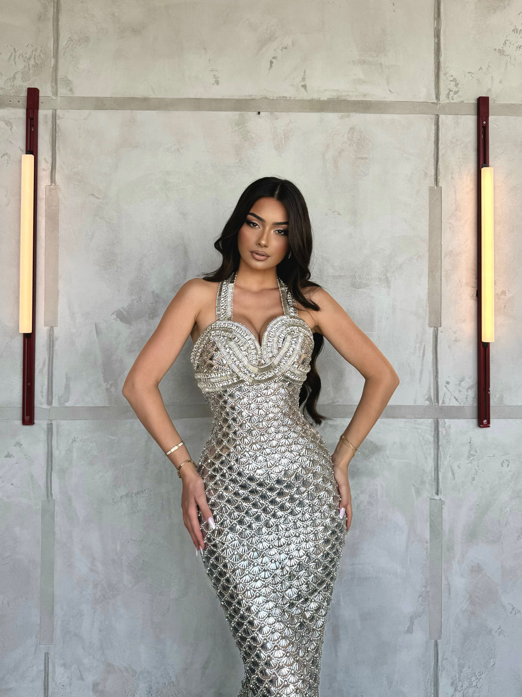 Klarissa – Silver Mermaid Gown with Intricate Beading