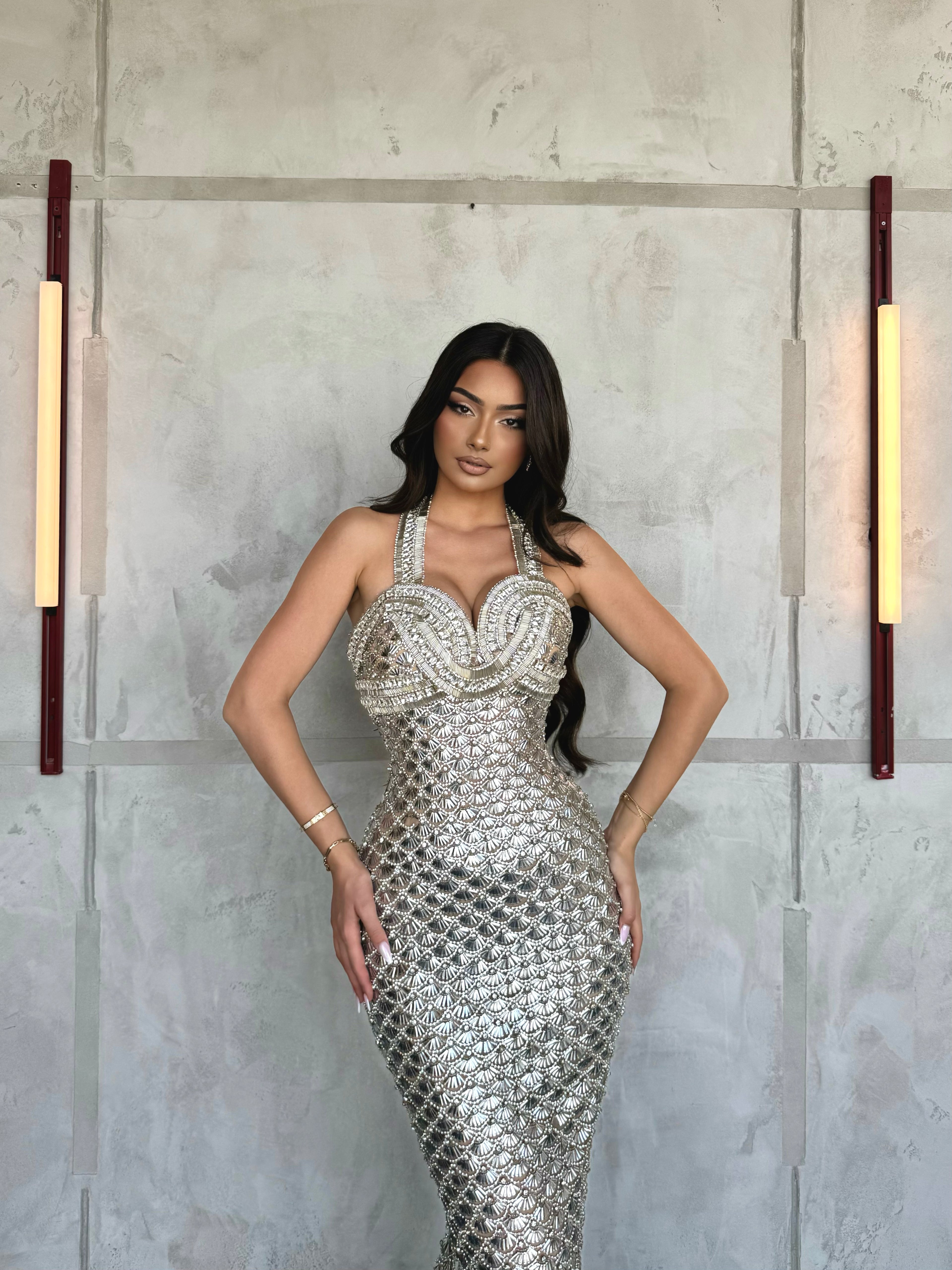 Klarissa – Silver Mermaid Gown with Intricate Beading