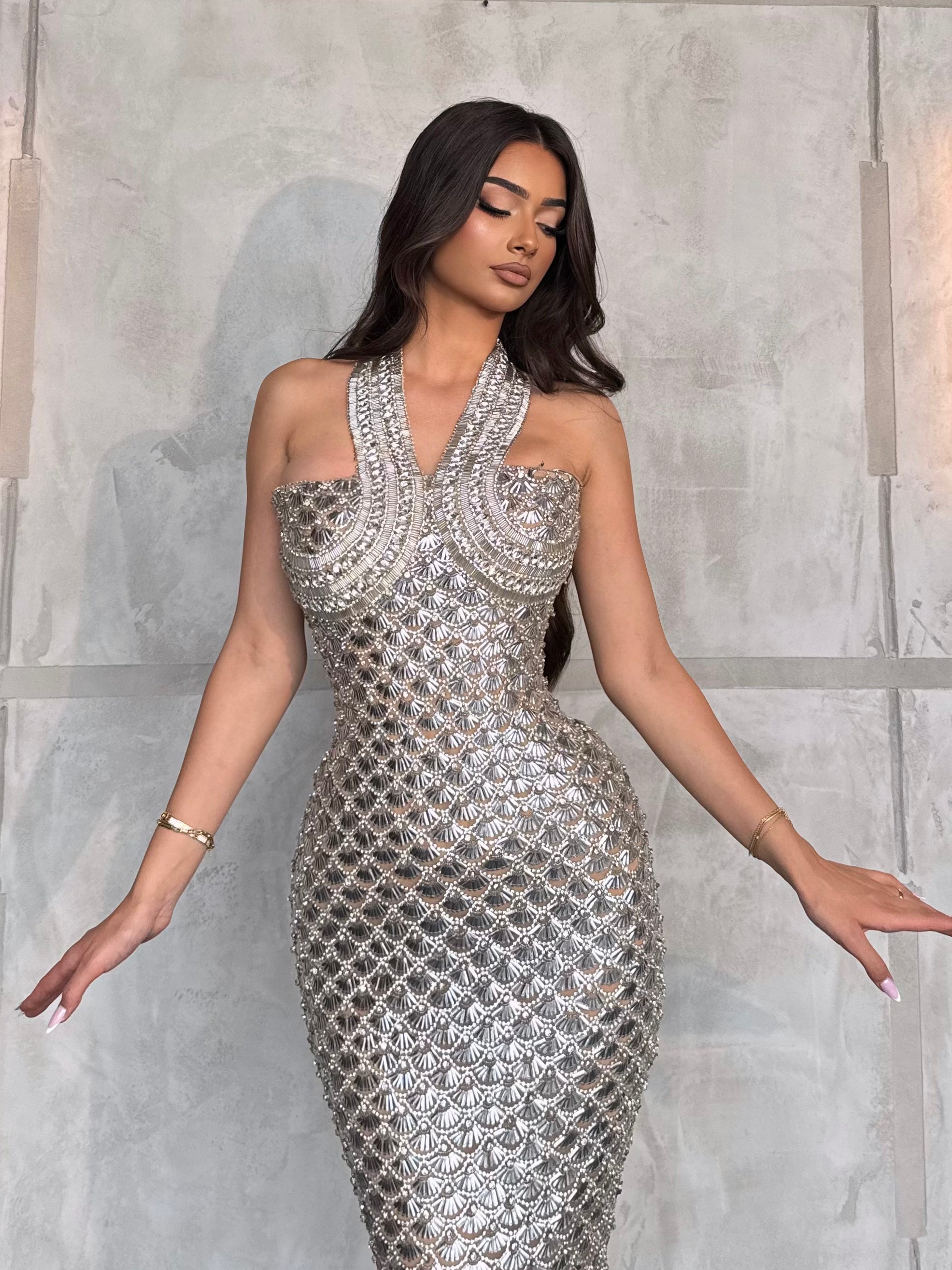 silver halter cocktail dress Chic Slit Backless Sparkle Evening Dresses Silver Sequins Halter V-neck Open Back Formal Dress