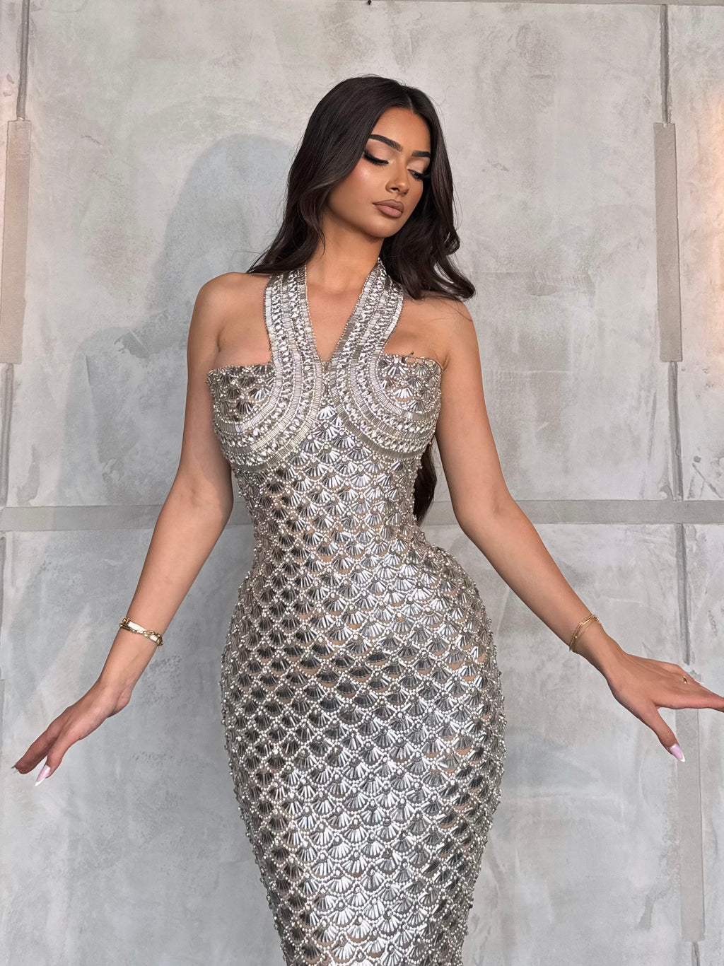 Mariná – Silver Embellished Halter Gown
