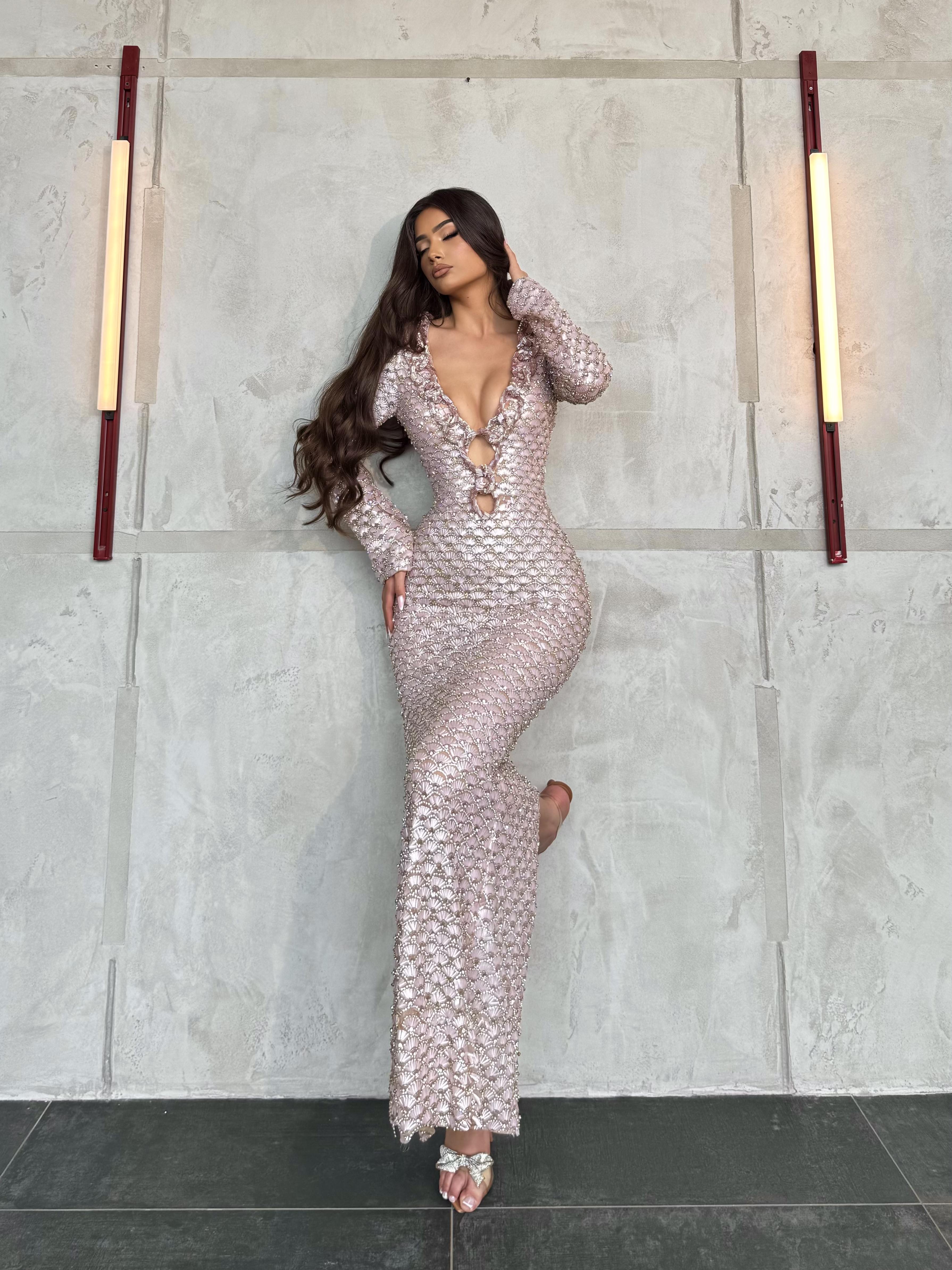 Marisela – Crystal Cut‑Out Long Sleeve Gown