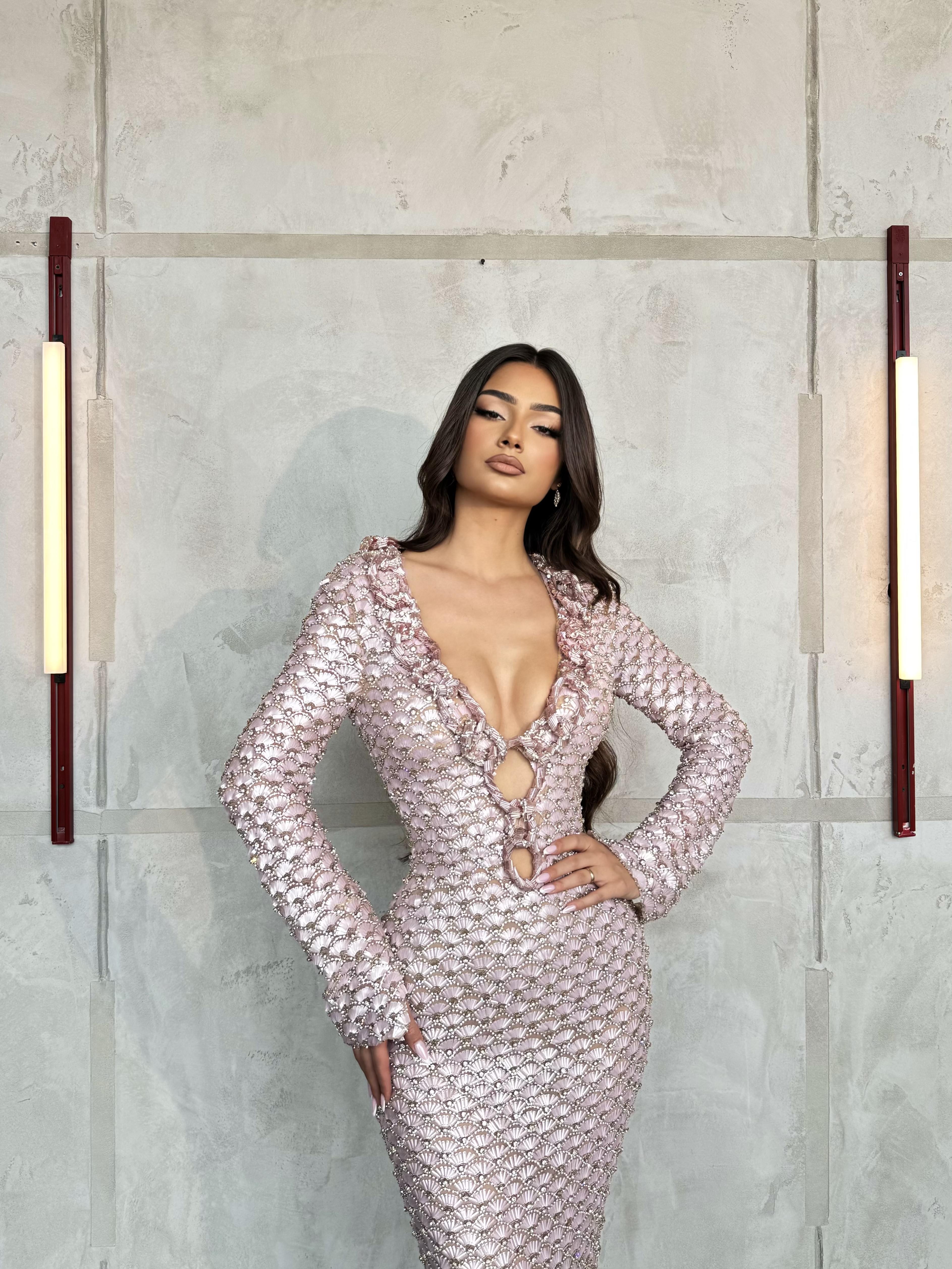 Marisela – Crystal Cut‑Out Long Sleeve Gown