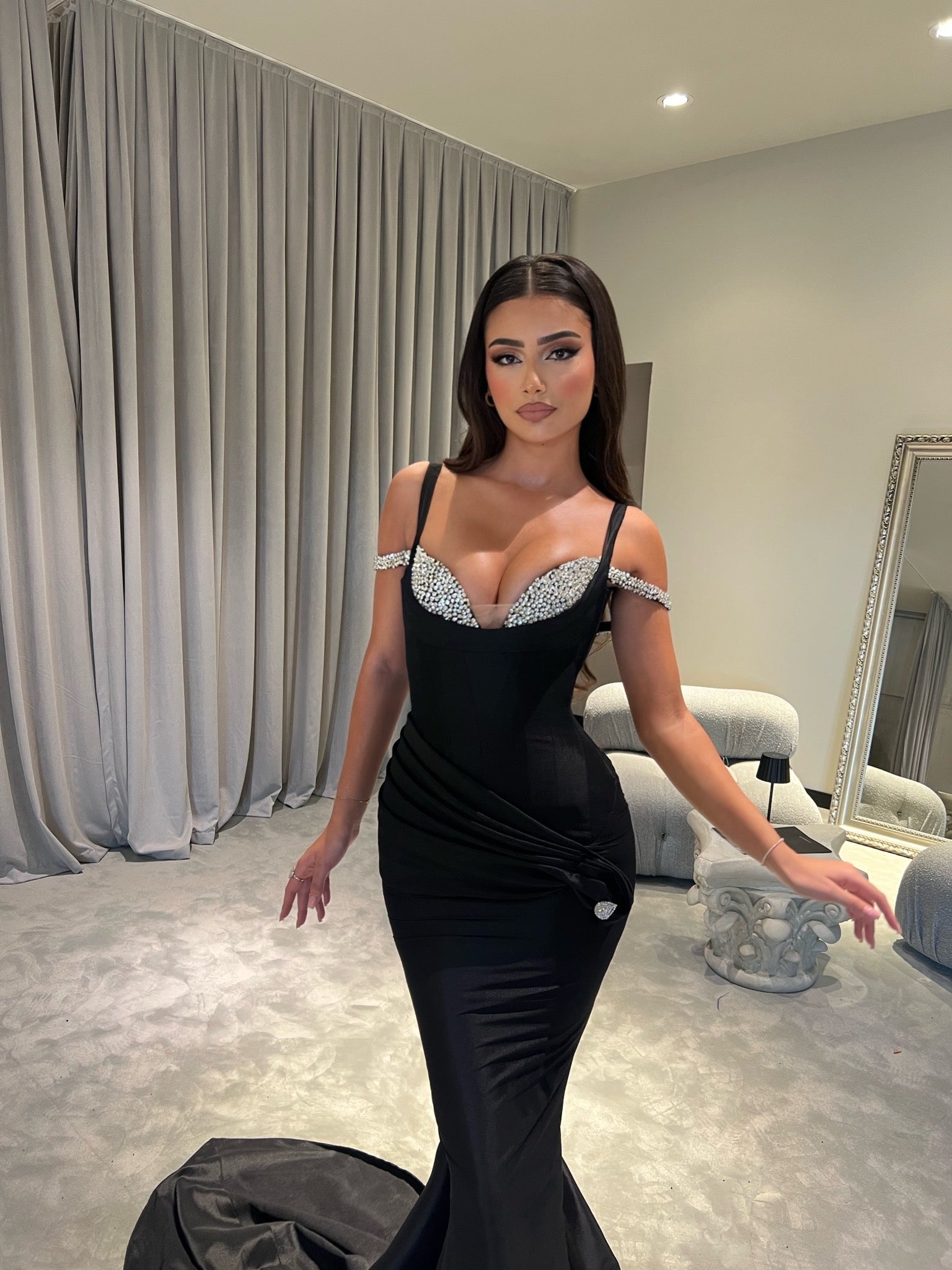 Mermaid Black Dress with Rhinestone Bustier