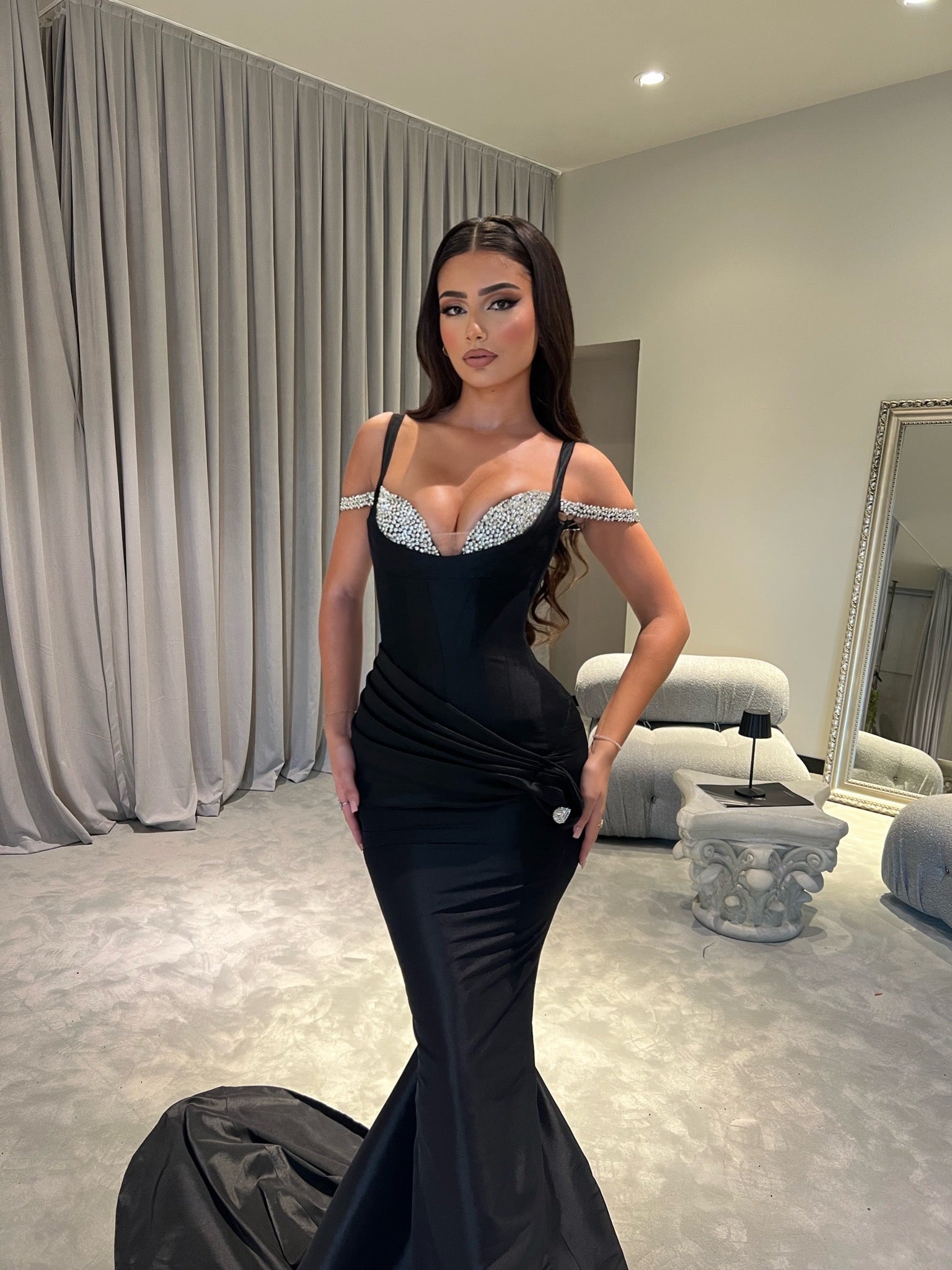 Mermaid Black Dress with Rhinestone Bustier