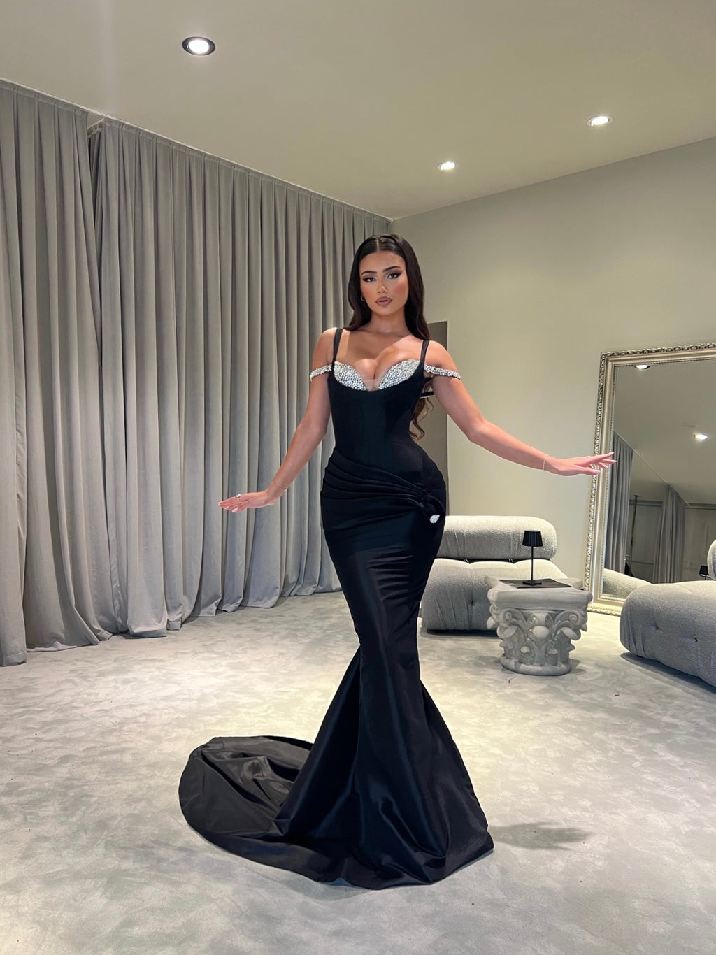 Mermaid Black Dress with Rhinestone Bustier