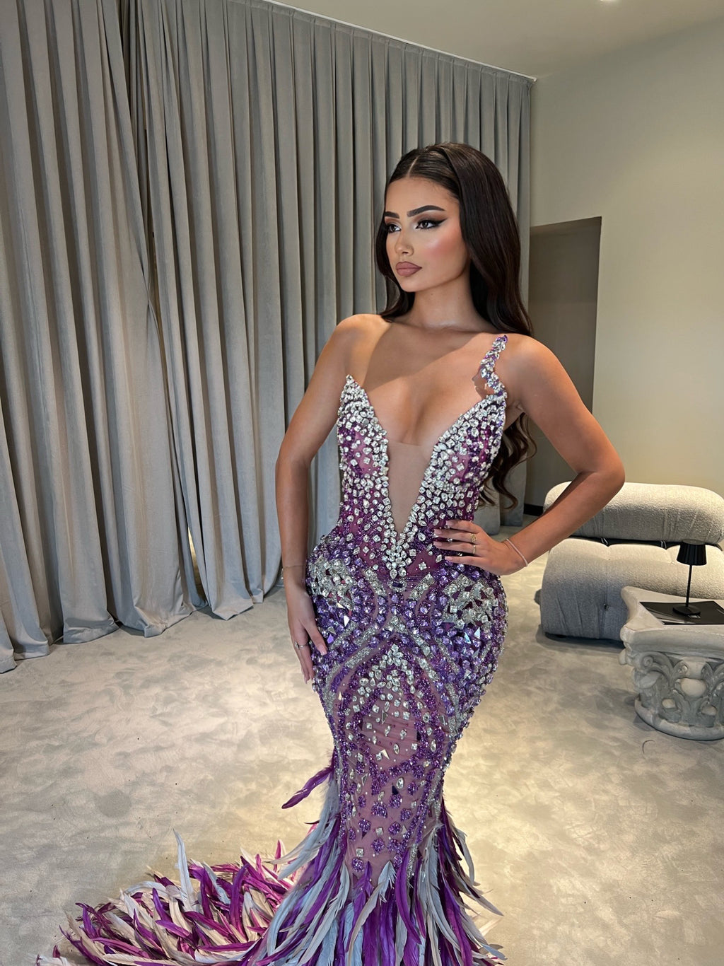 V-Neckline Purple Embellished Dress with Feathered Train