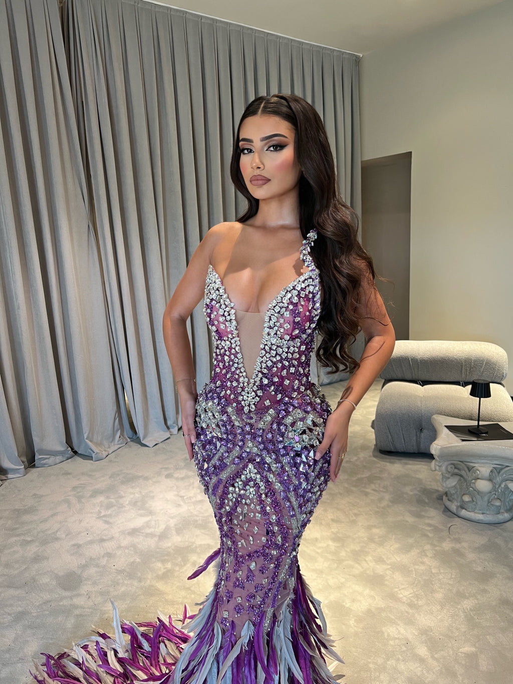 V-Neckline Purple Embellished Dress with Feathered Train