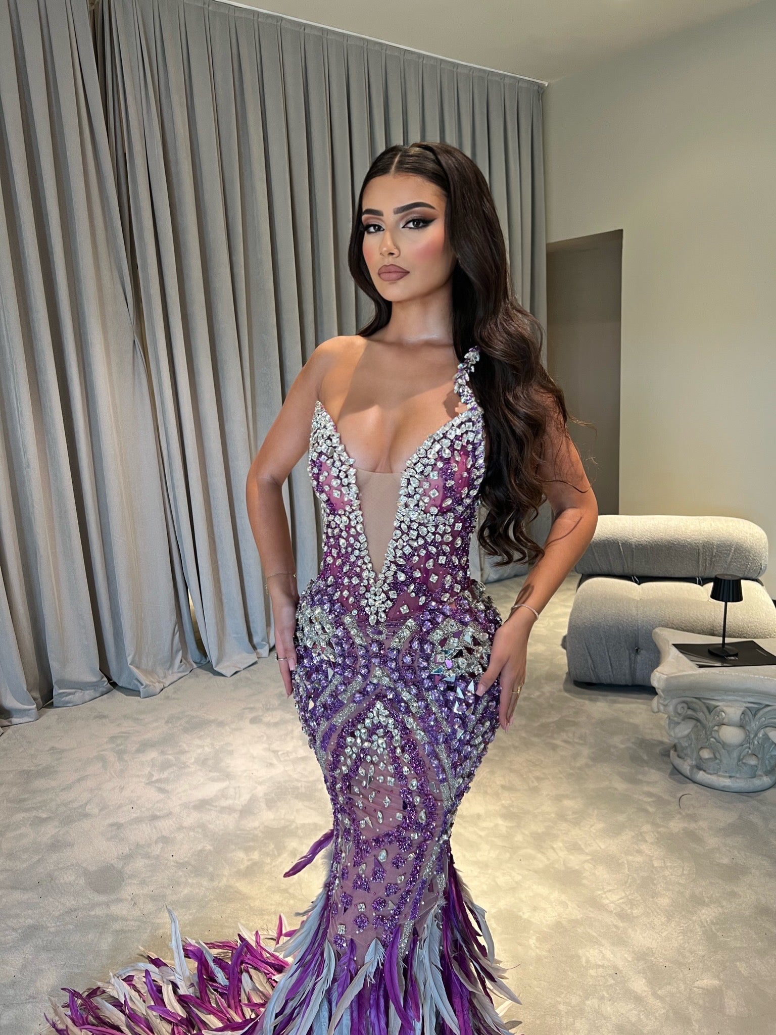 V-Neckline Purple Embellished Dress with Feathered Train