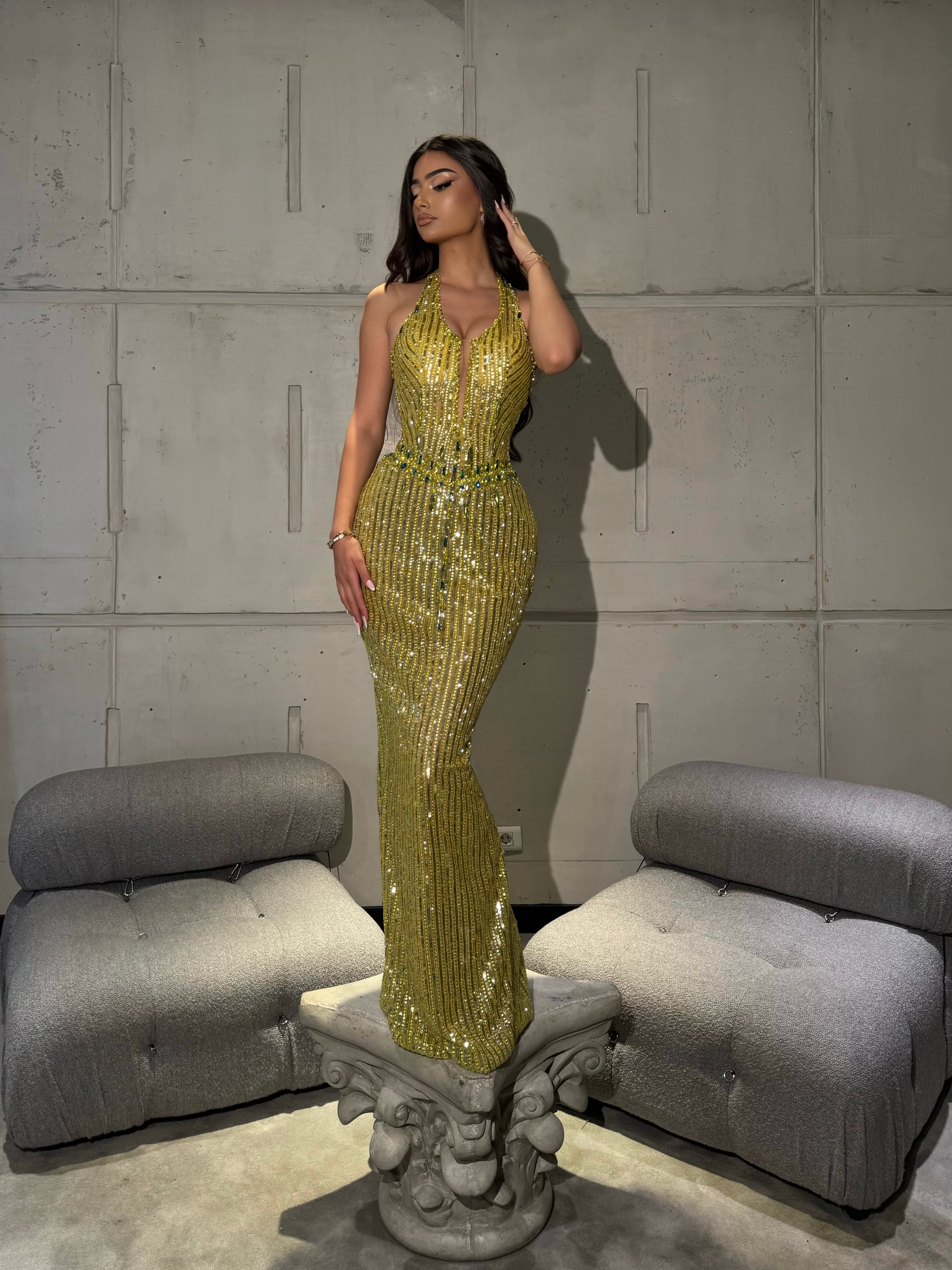 golden sequin dress Axel Mini Gold up back ensures a customized fit Adonya Golden Halter Sequin