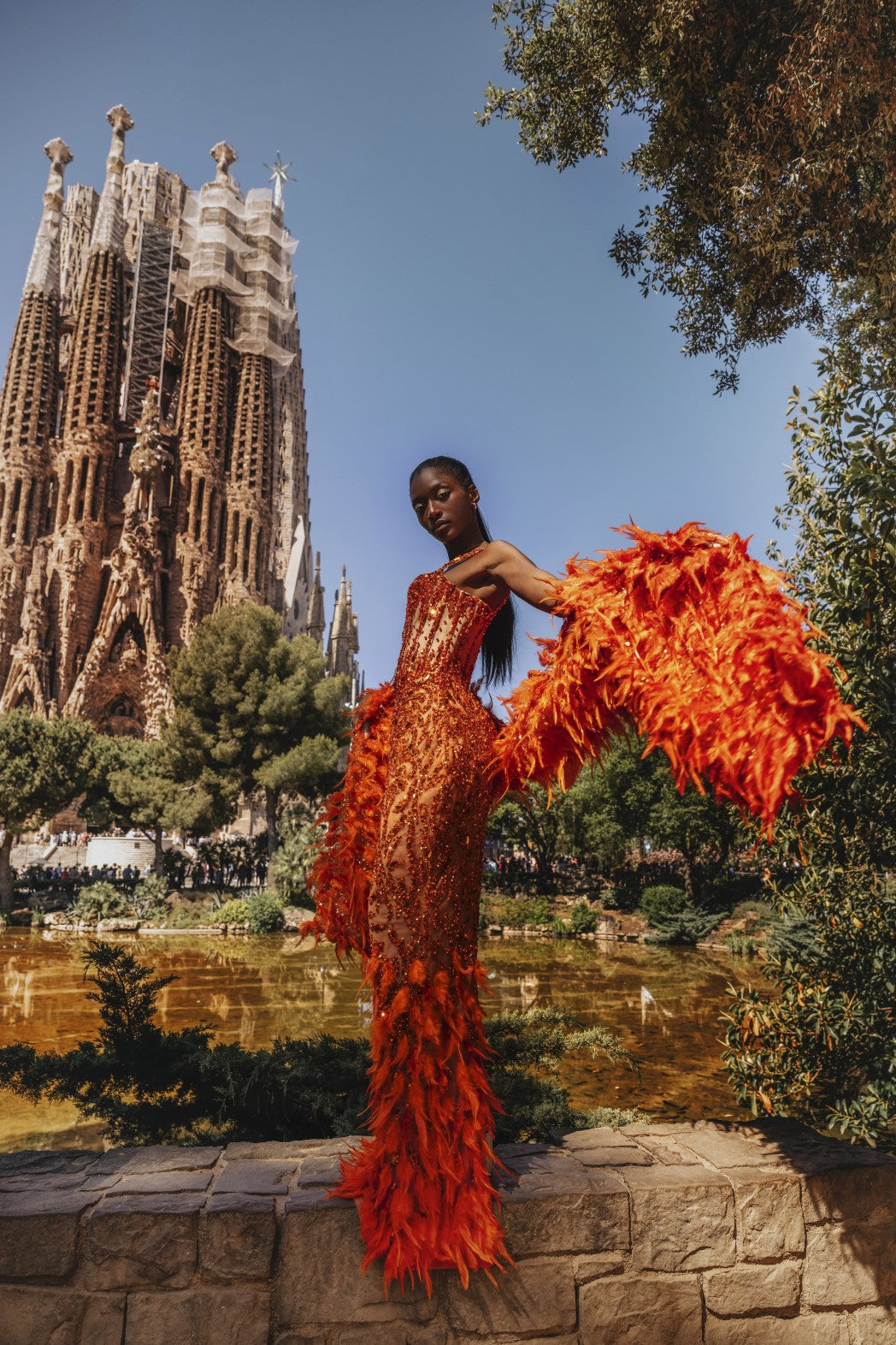 Orange Adorned Dress with Feathered Cape