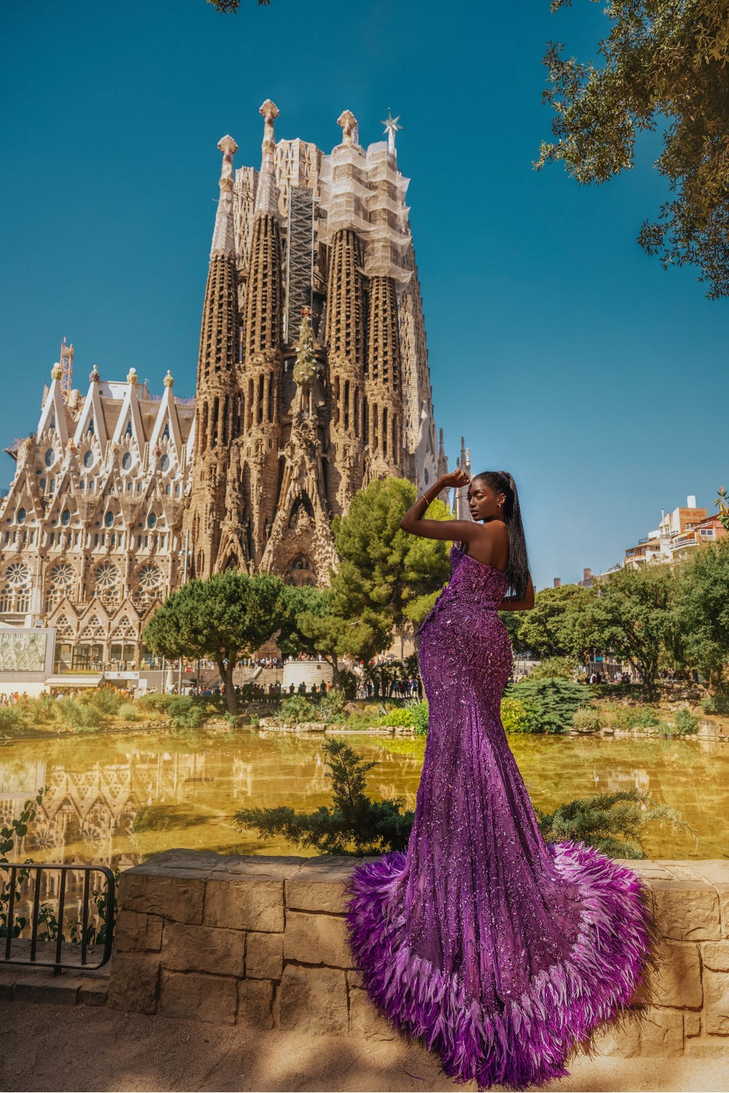 Strapless Embellished Purple Dress with Side Slit