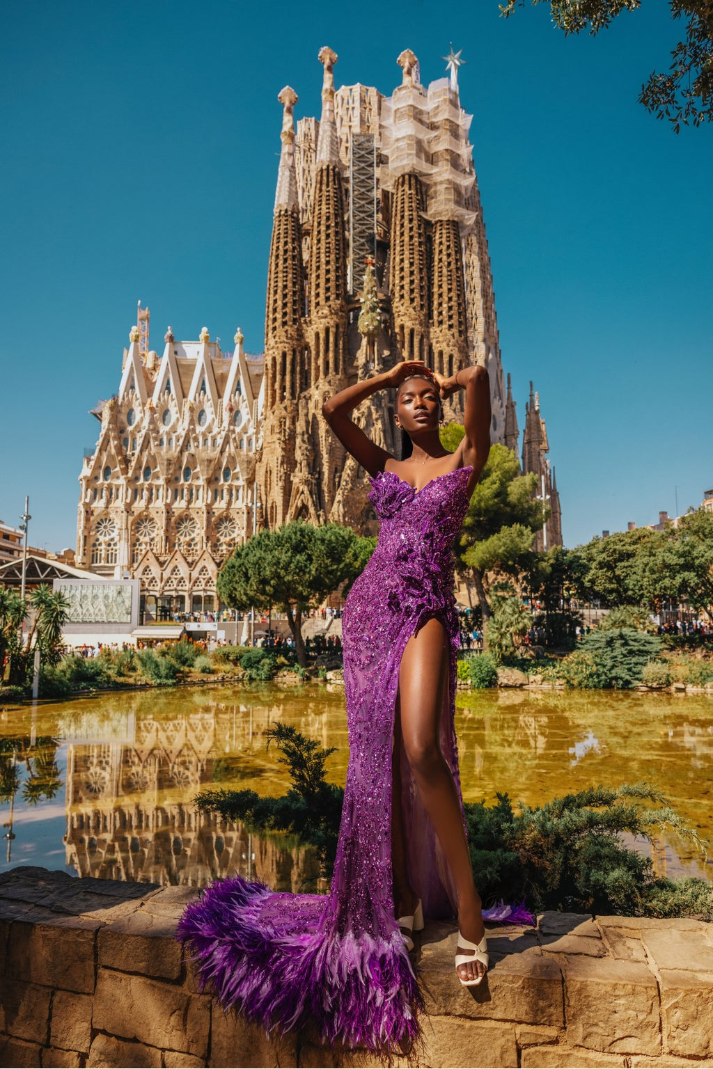 Strapless Embellished Purple Dress with Side Slit