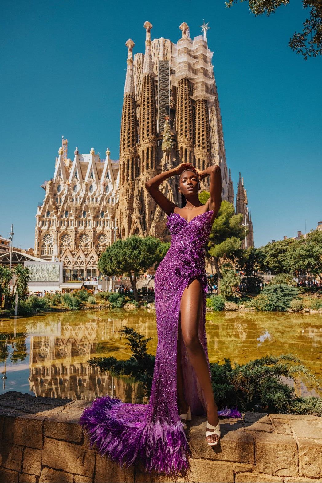 Strapless Embellished Purple Dress with Side Slit