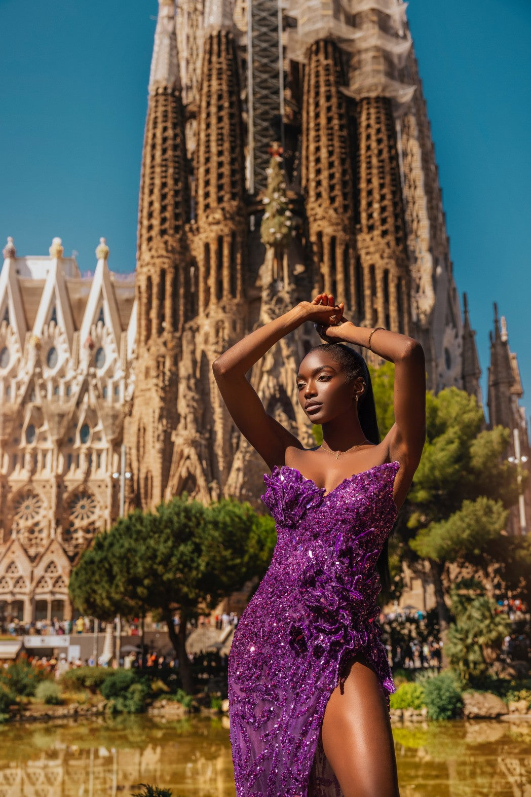 Strapless Embellished Purple Dress with Side Slit