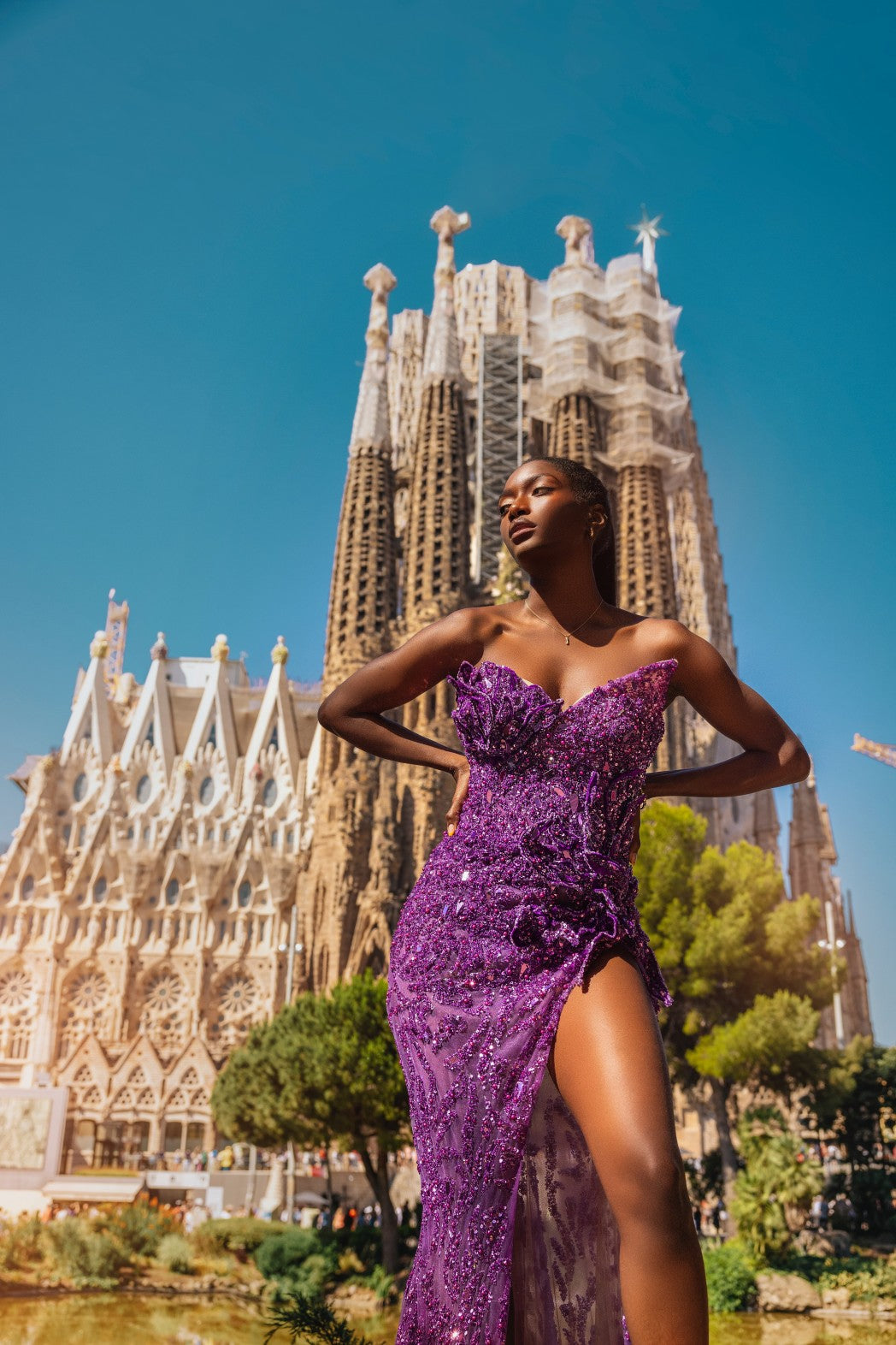 Strapless Embellished Purple Dress with Side Slit