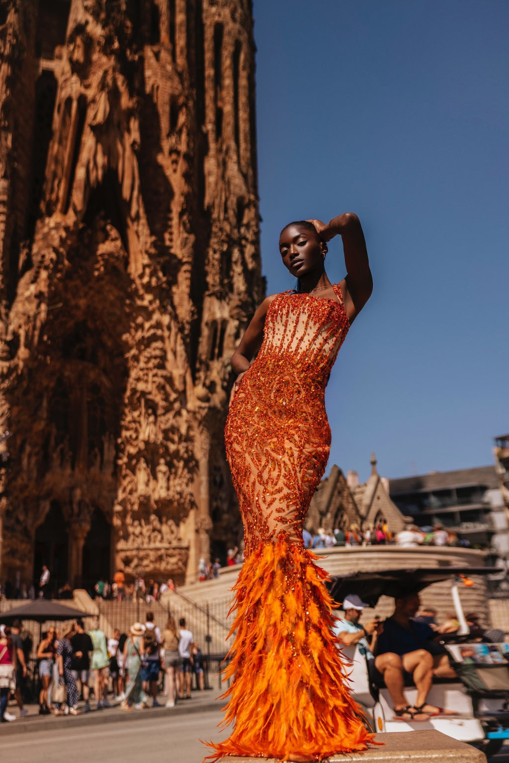 Orange Adorned Dress with Feathered Cape