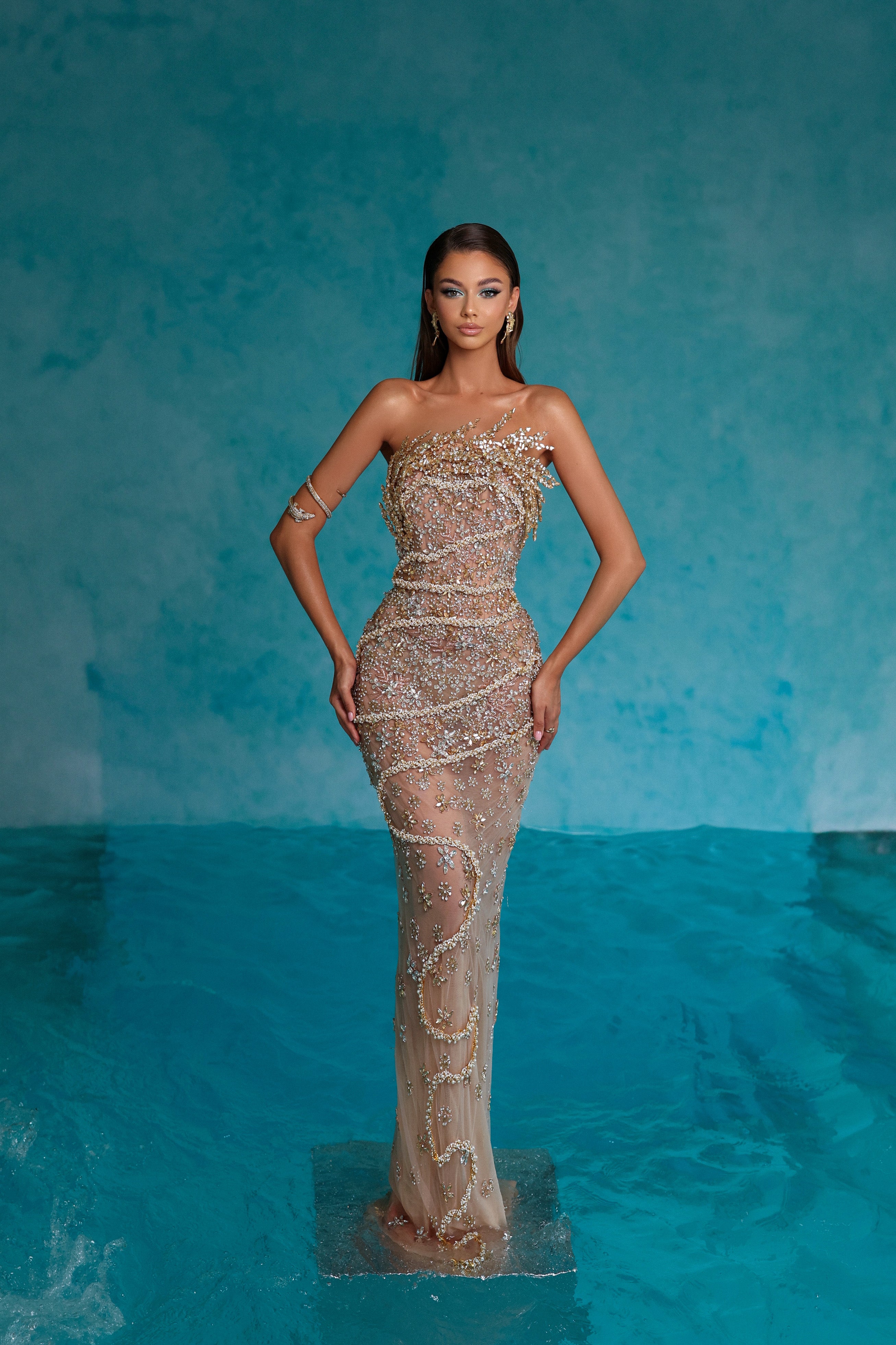 Strapless Rhinestone Gold Adorned Dress