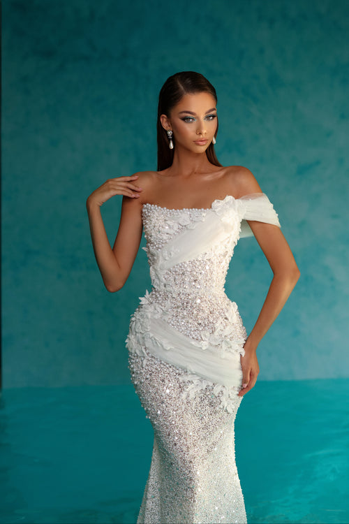 white dress with pearl details Pearl Embroidered White Dress with One Shoulder Tulle Detail S