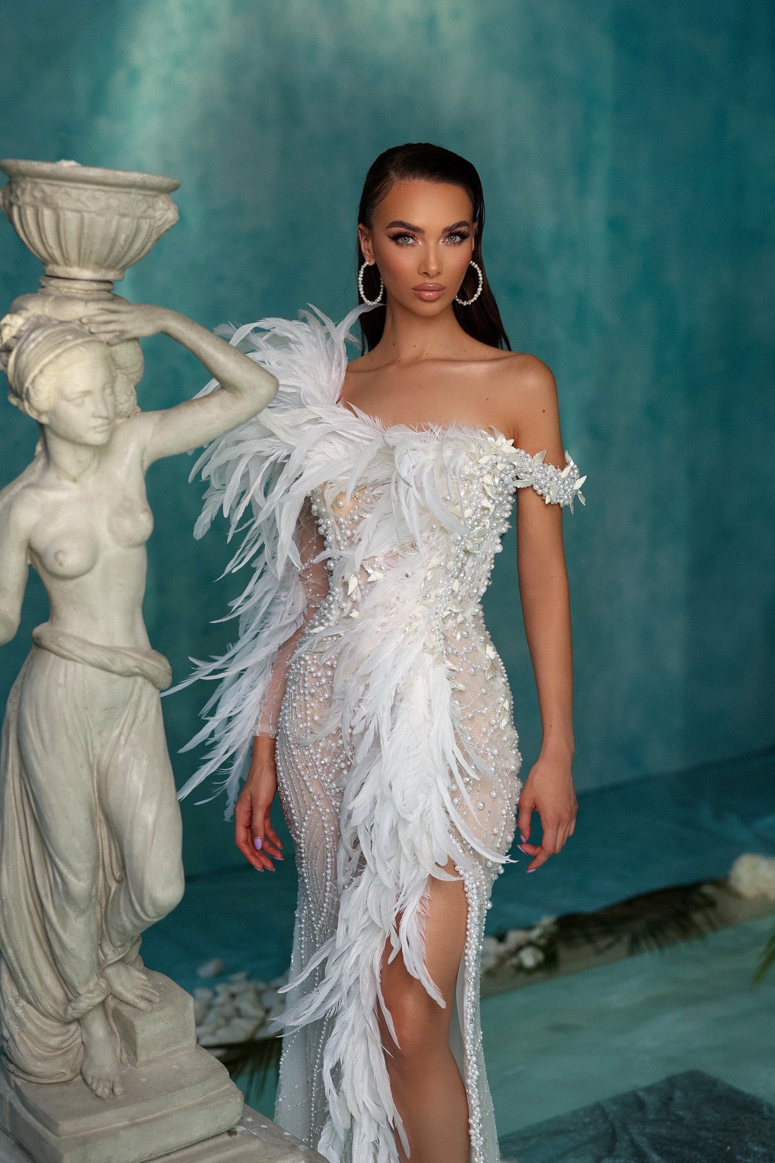 White Pearl Embroidered Dress with One Feathered Sleeve M White Pearl Embroidered Dress with One Feathered Sleeve M