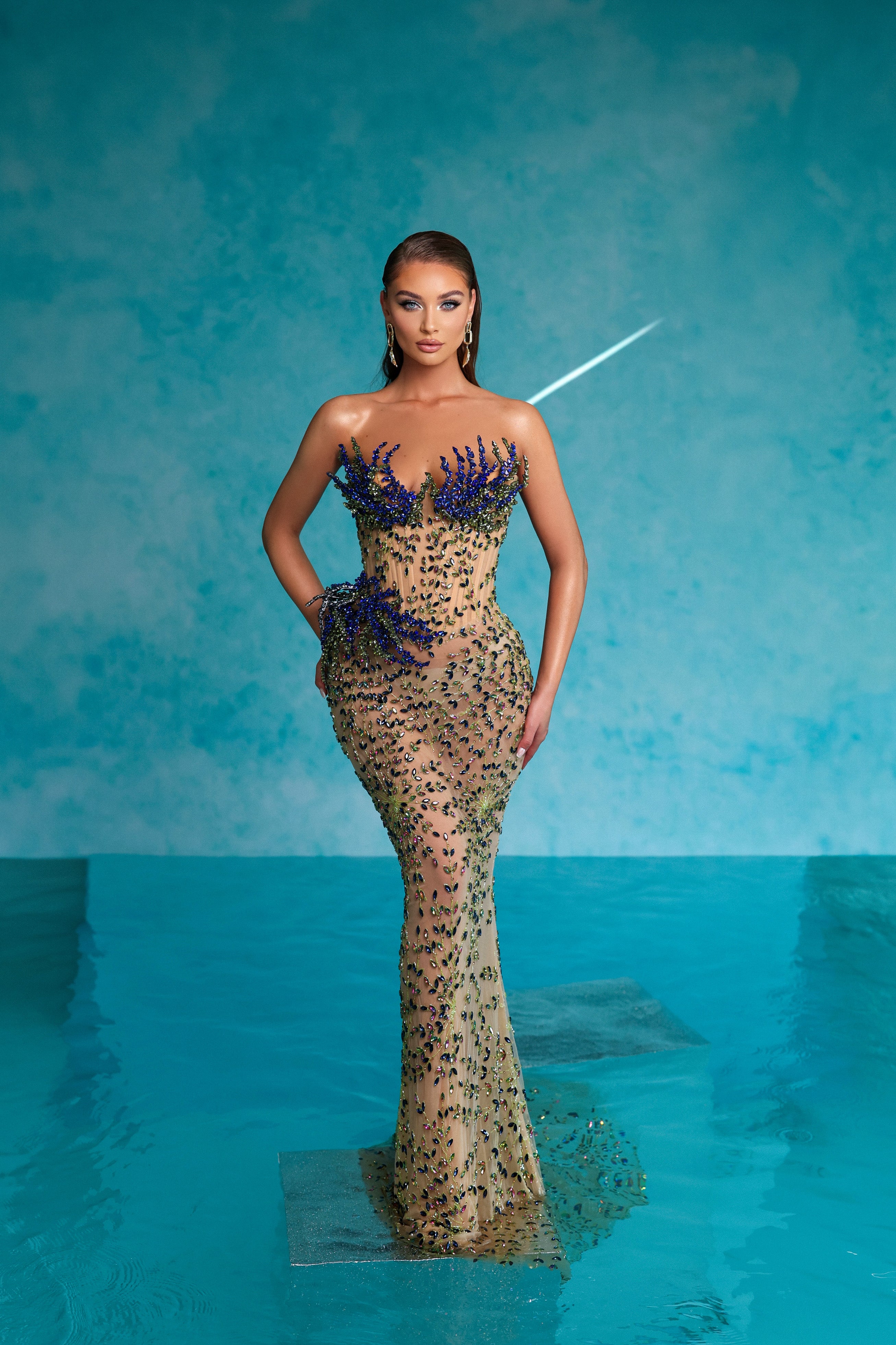 Strapless Blue & Green Rhinestone Dress