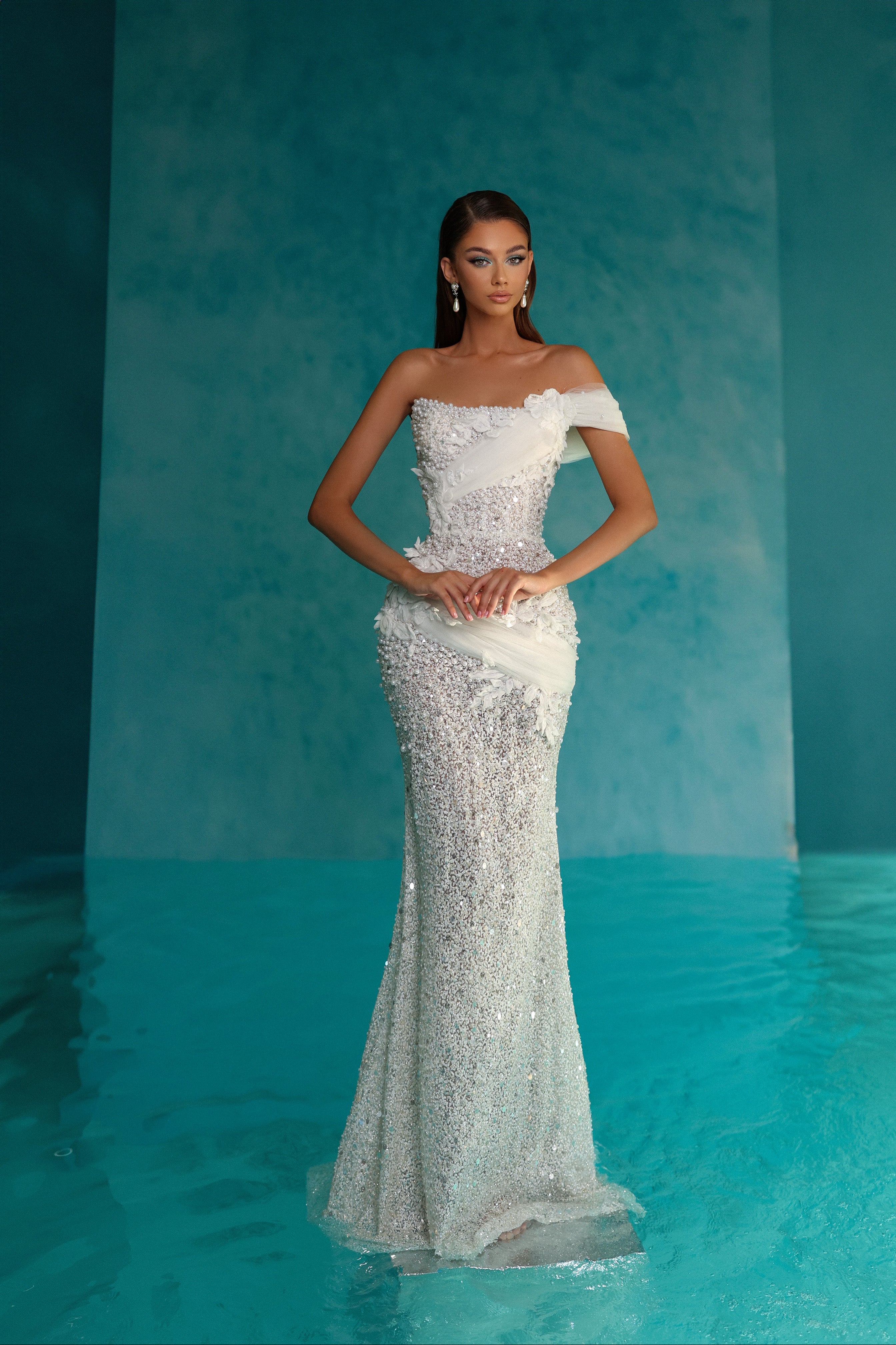 Pearl Embroidered White Dress with One Shoulder Tulle Detail