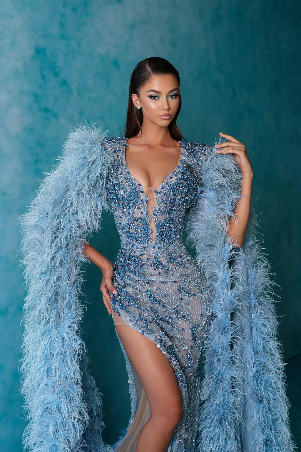 Side Slit Blue Embellished Dress with Cape Feathered Sleeves