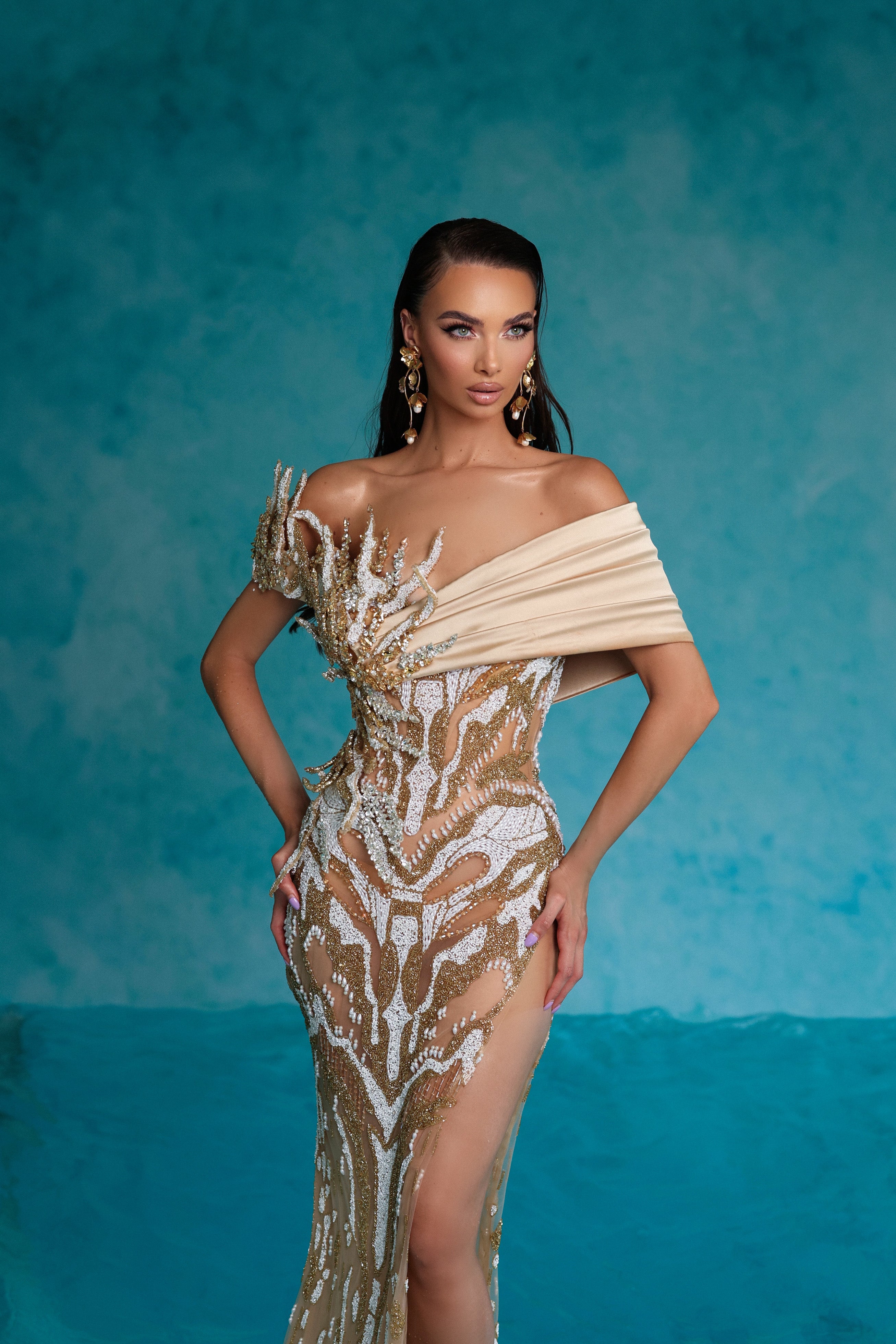 White-Beige Beaded Off Shoulder Dress with Satin Detail