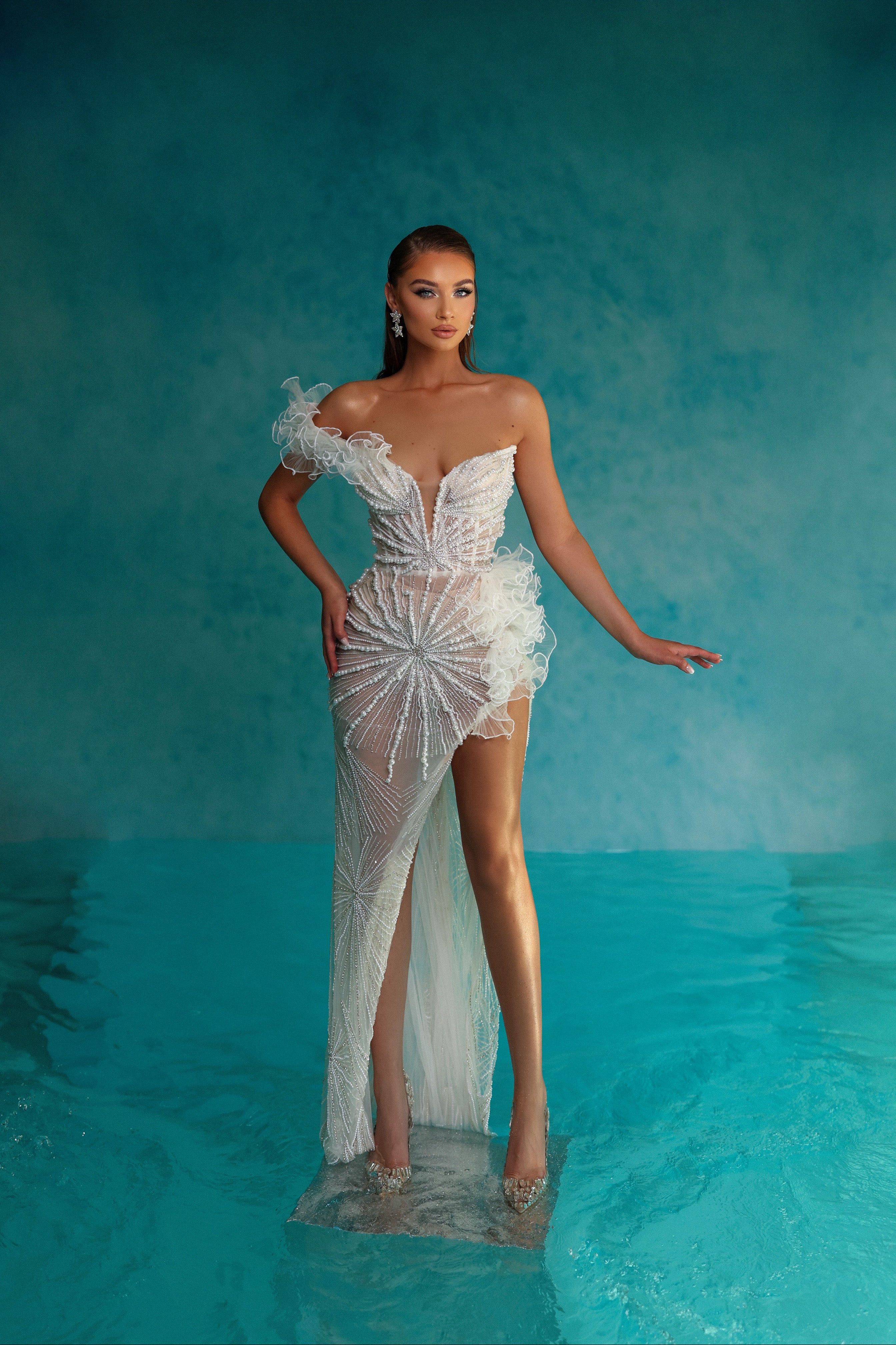 Pearl Embroidered White Dress with Side Slit & Ruffle Details