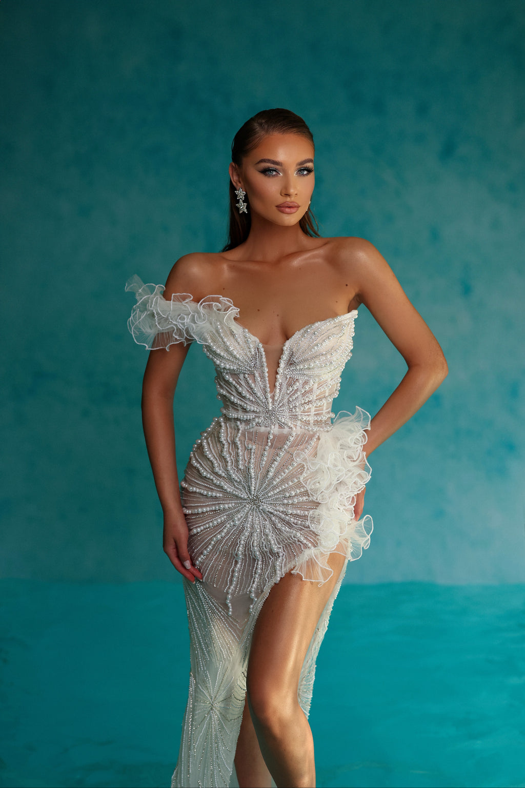 Pearl Embroidered White Dress with Side Slit & Ruffle Details