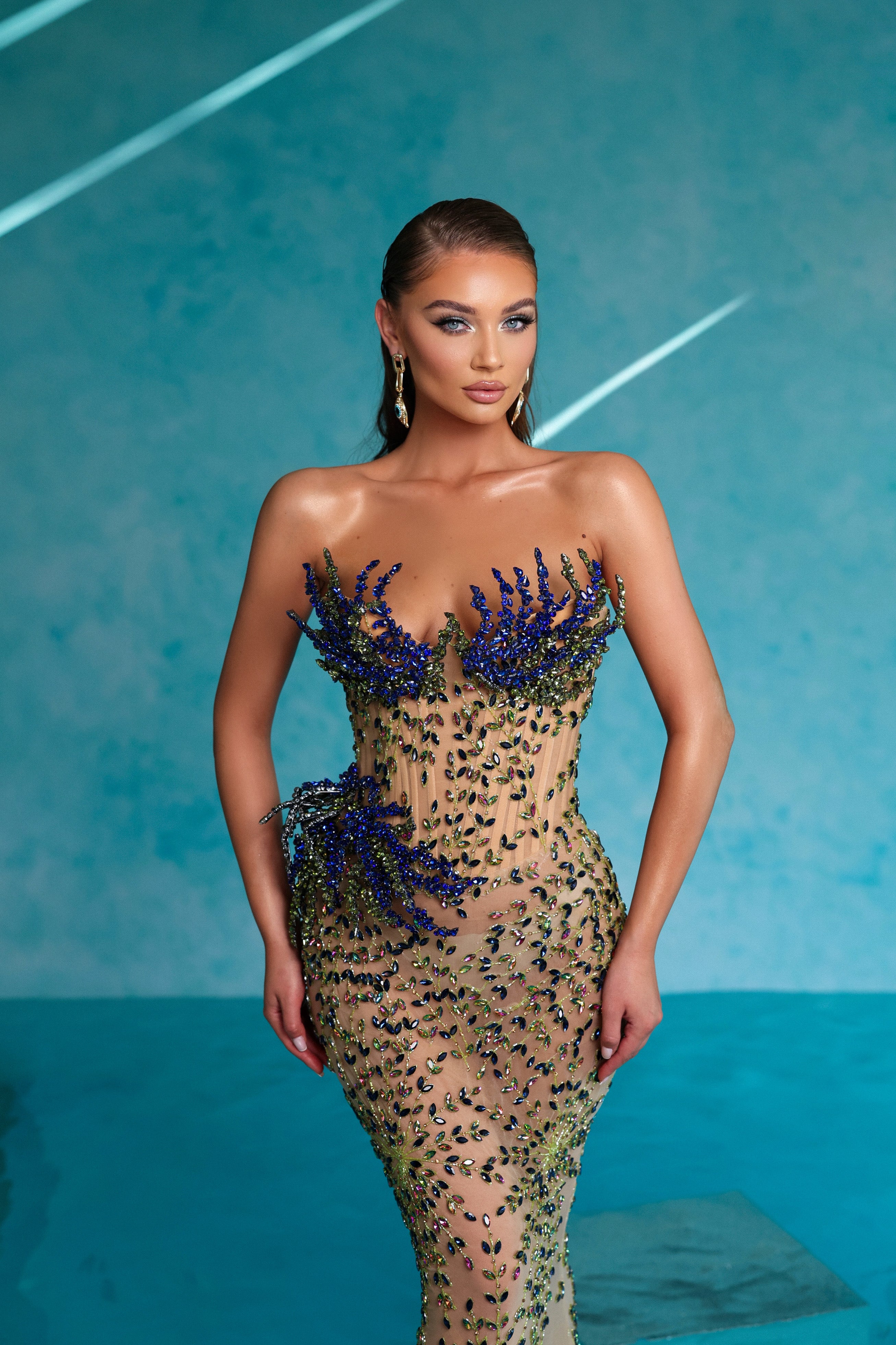 Strapless Blue & Green Rhinestone Dress - XS Strapless Blue & Green Rhinestone Dress - XS