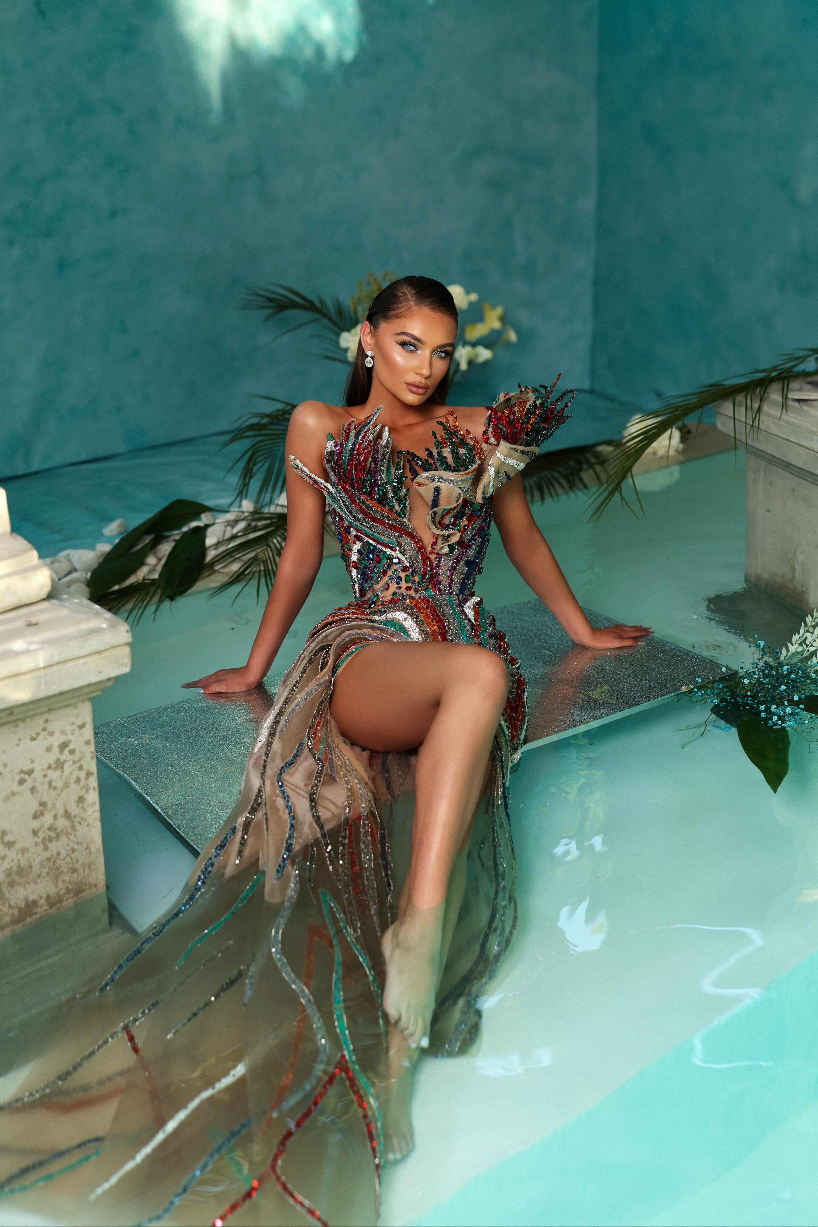 Strapless Long Colorful Asymmetrical Embellished Dress