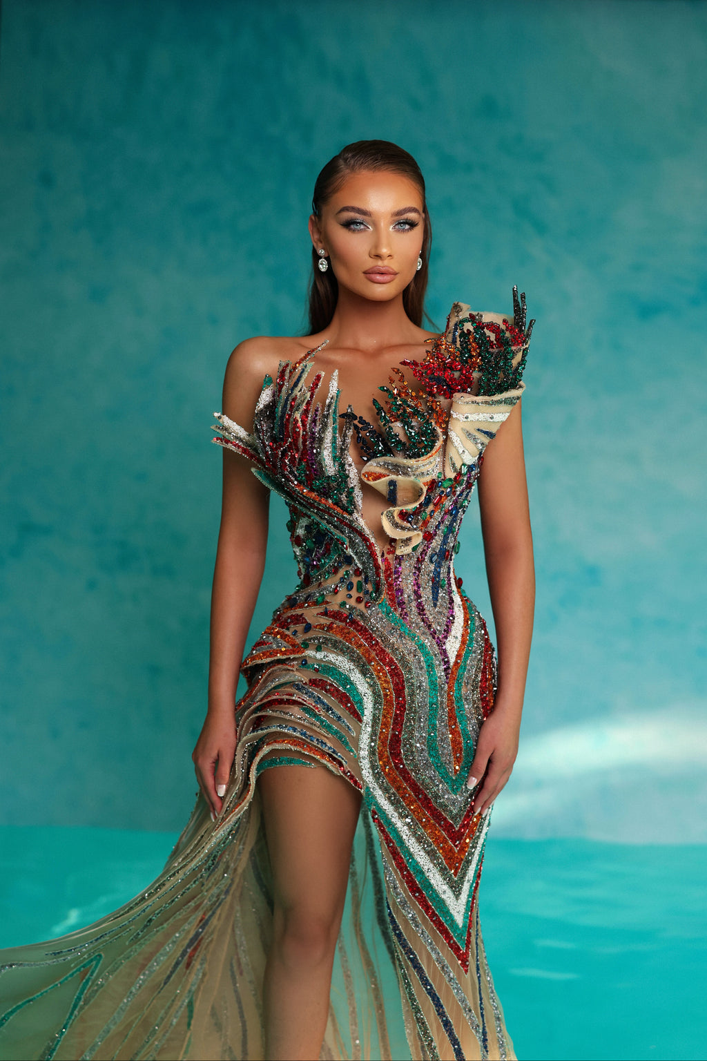 Strapless Long Colorful Asymmetrical Embellished Dress