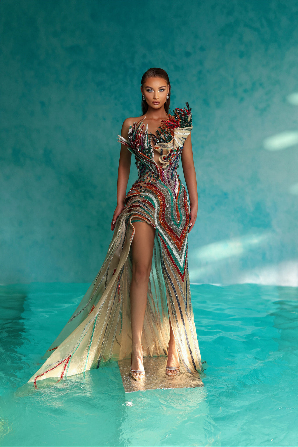 Strapless Long Colorful Asymmetrical Embellished Dress