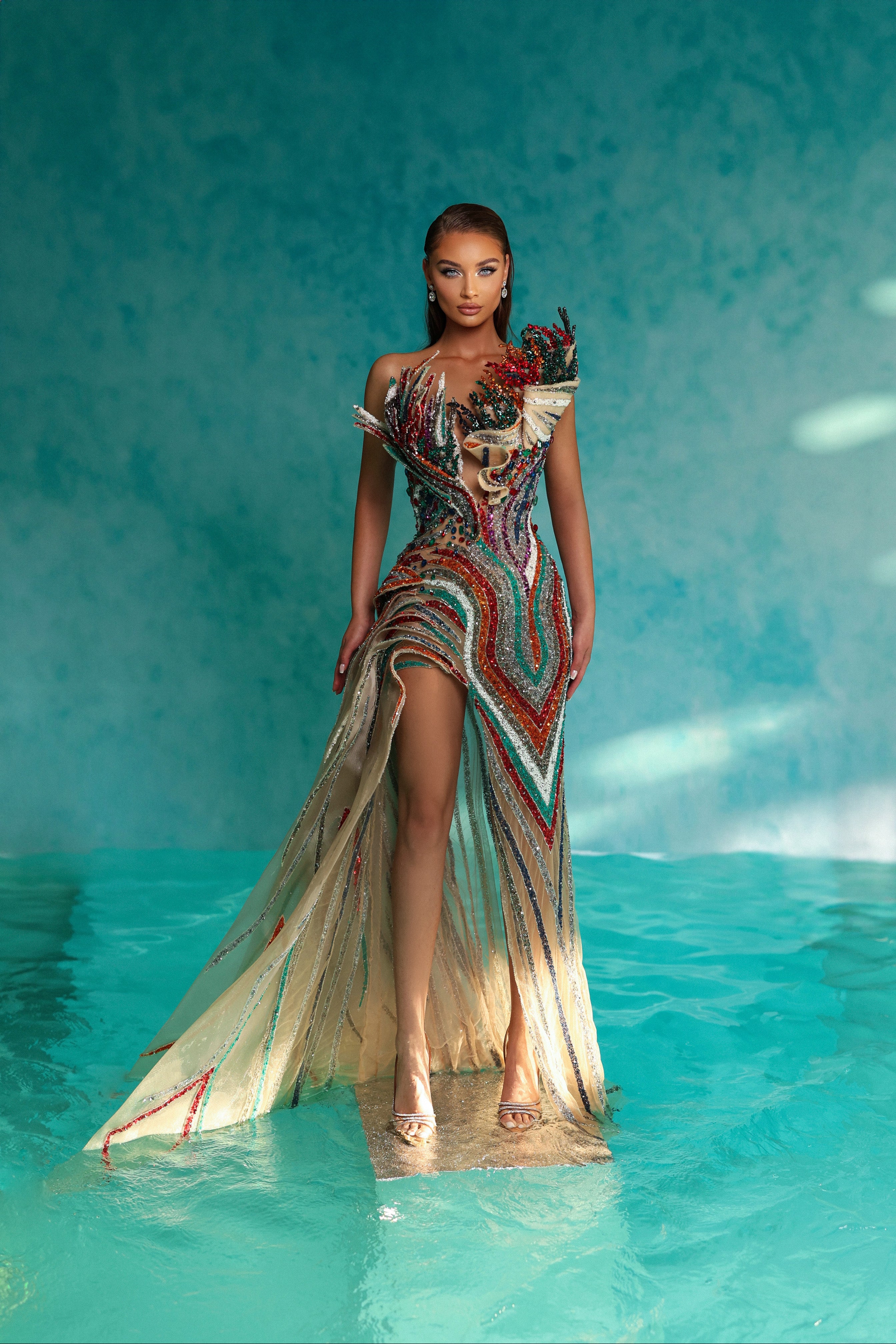 Strapless Long Colorful Asymmetrical Embellished Dress