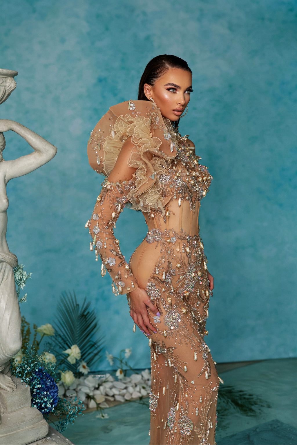 Halter Beige Embellished Dress with Shoulder Detail