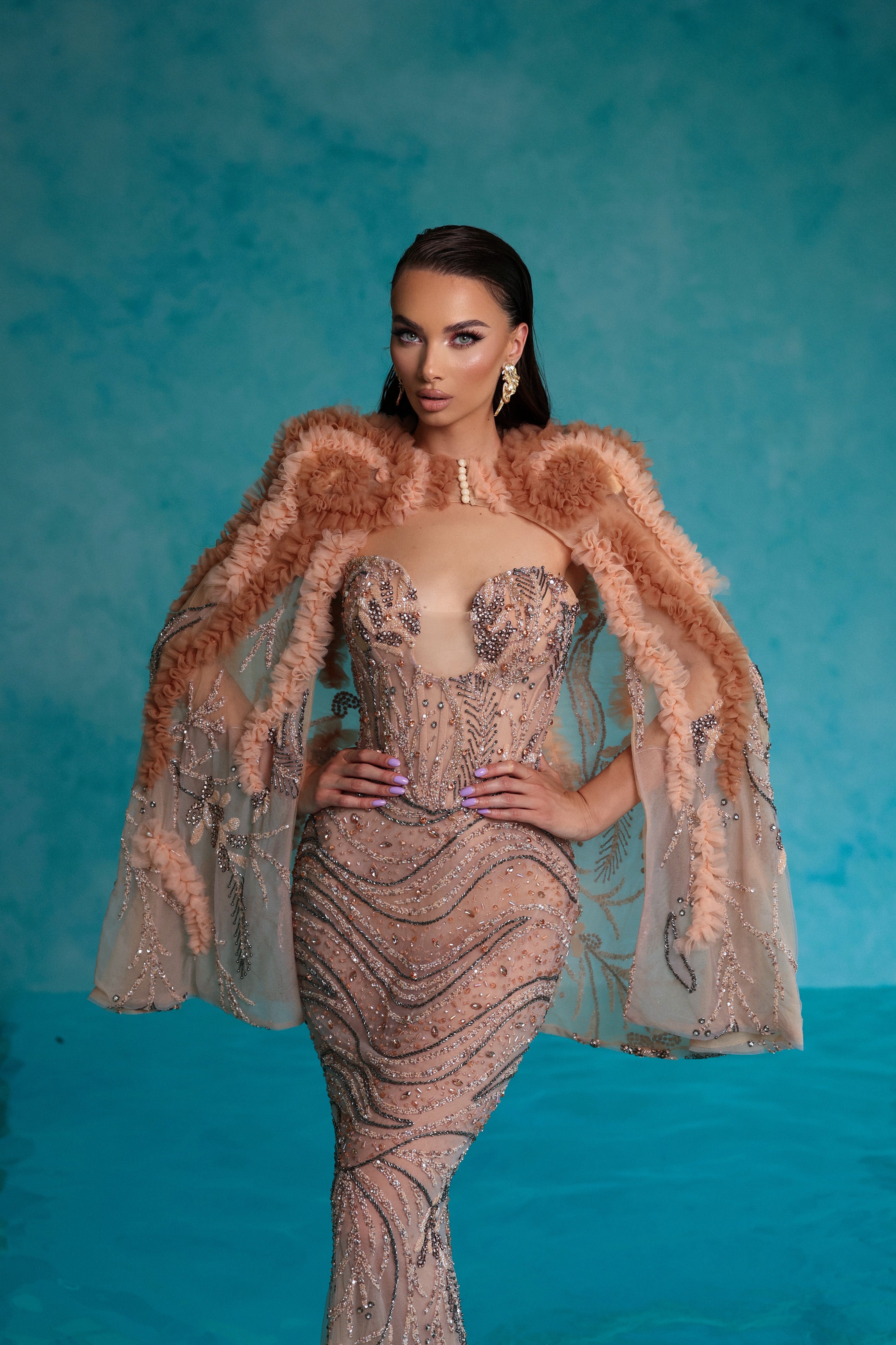 Beige Beaded Dress with Detachable Tulle Cape XS Beige Beaded Dress with Detachable Tulle Cape XS
