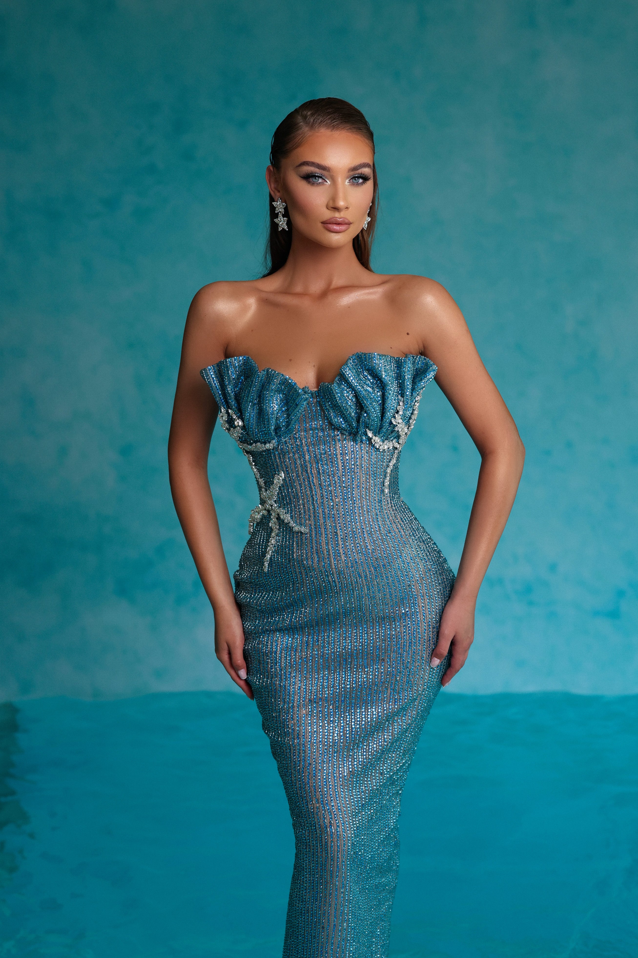 Blue Rhinestone Dress with Shell Cups