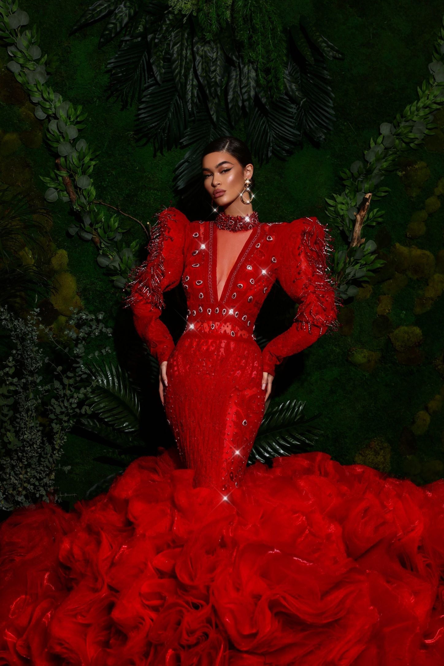 Puffy Shoulders & 3d Crystals-Cut Out Lace -Red