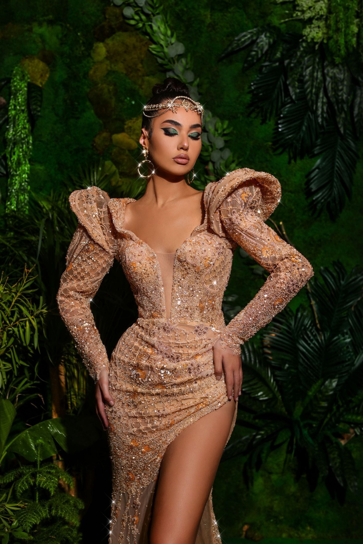 Assymmetrical Shoulders ,Embellished Dress-Nude