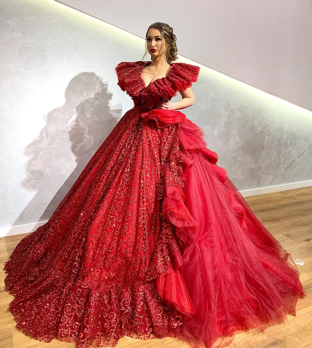 Red Shimmering Tulle Ball Gown