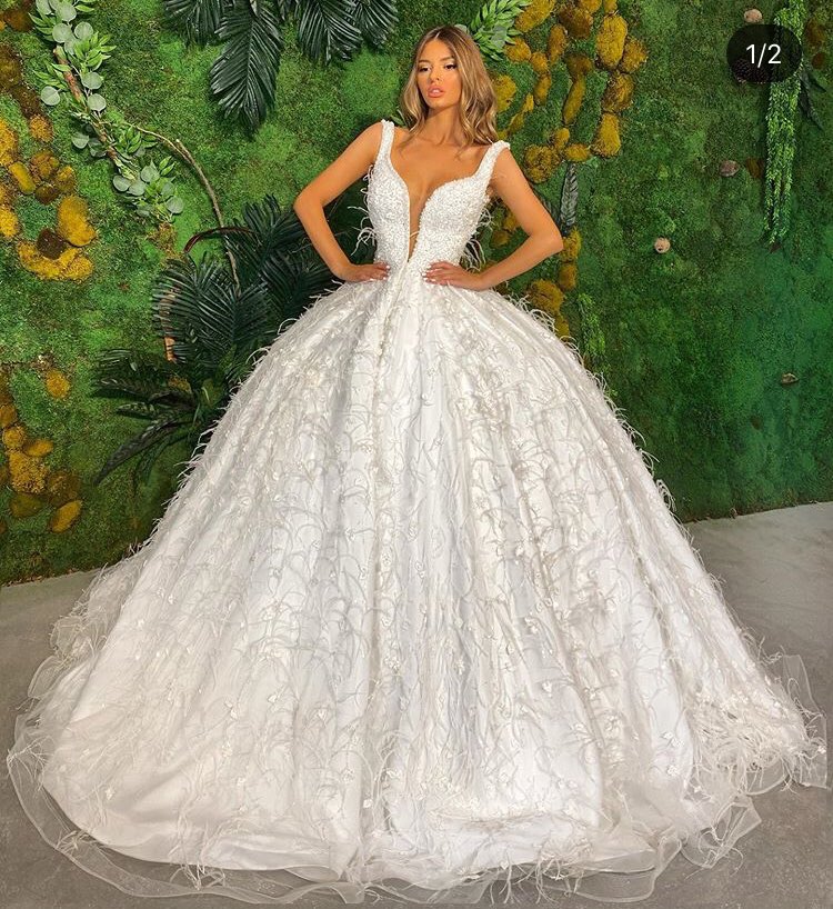 Sleeveless Feathered Ball Gown