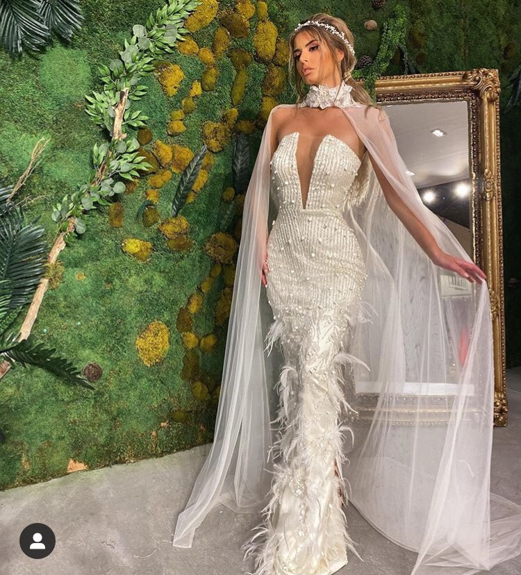 Strapless Maxi Feathered Dress with Tulle Cape