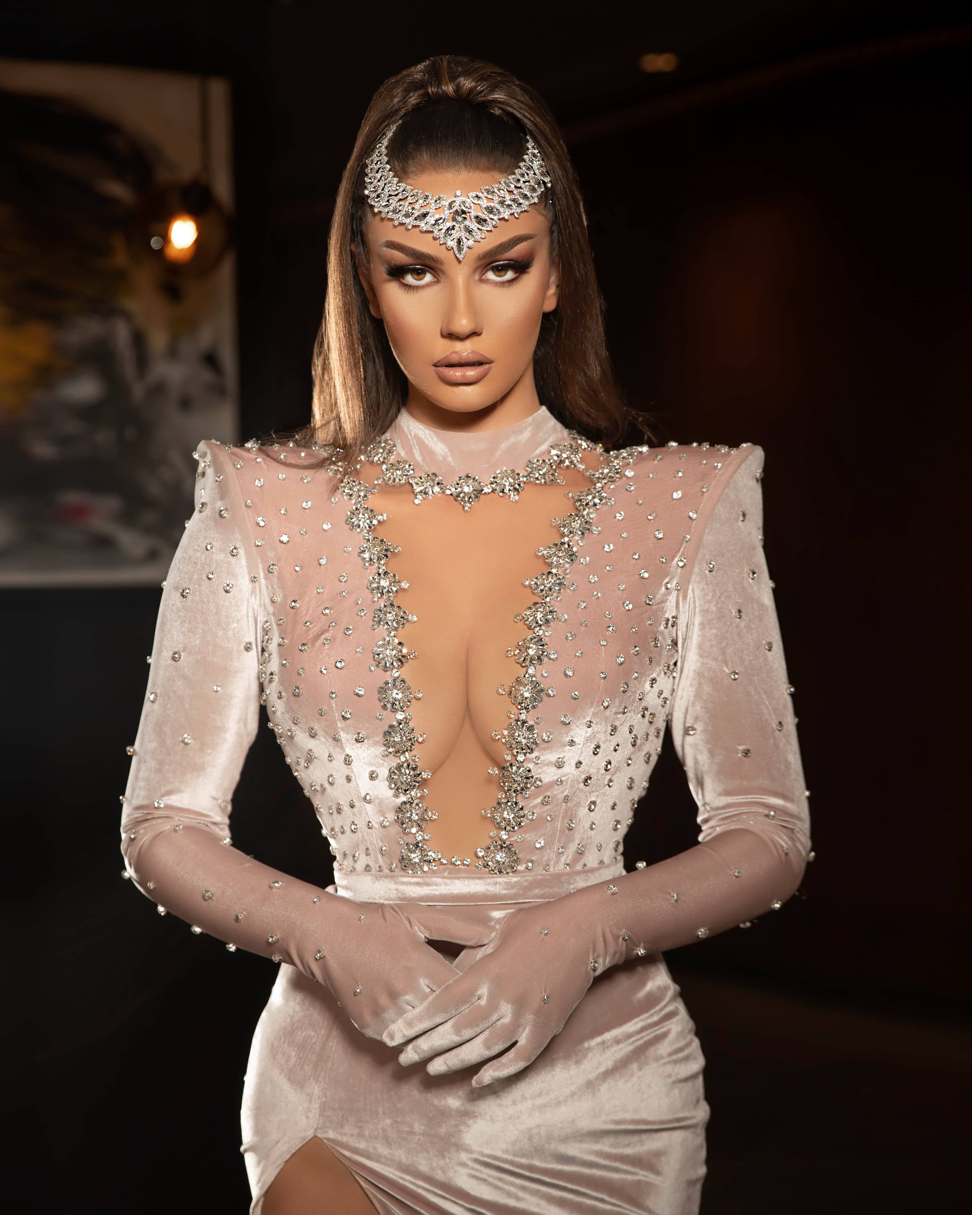 Beige Velvet Dress with Side Slit