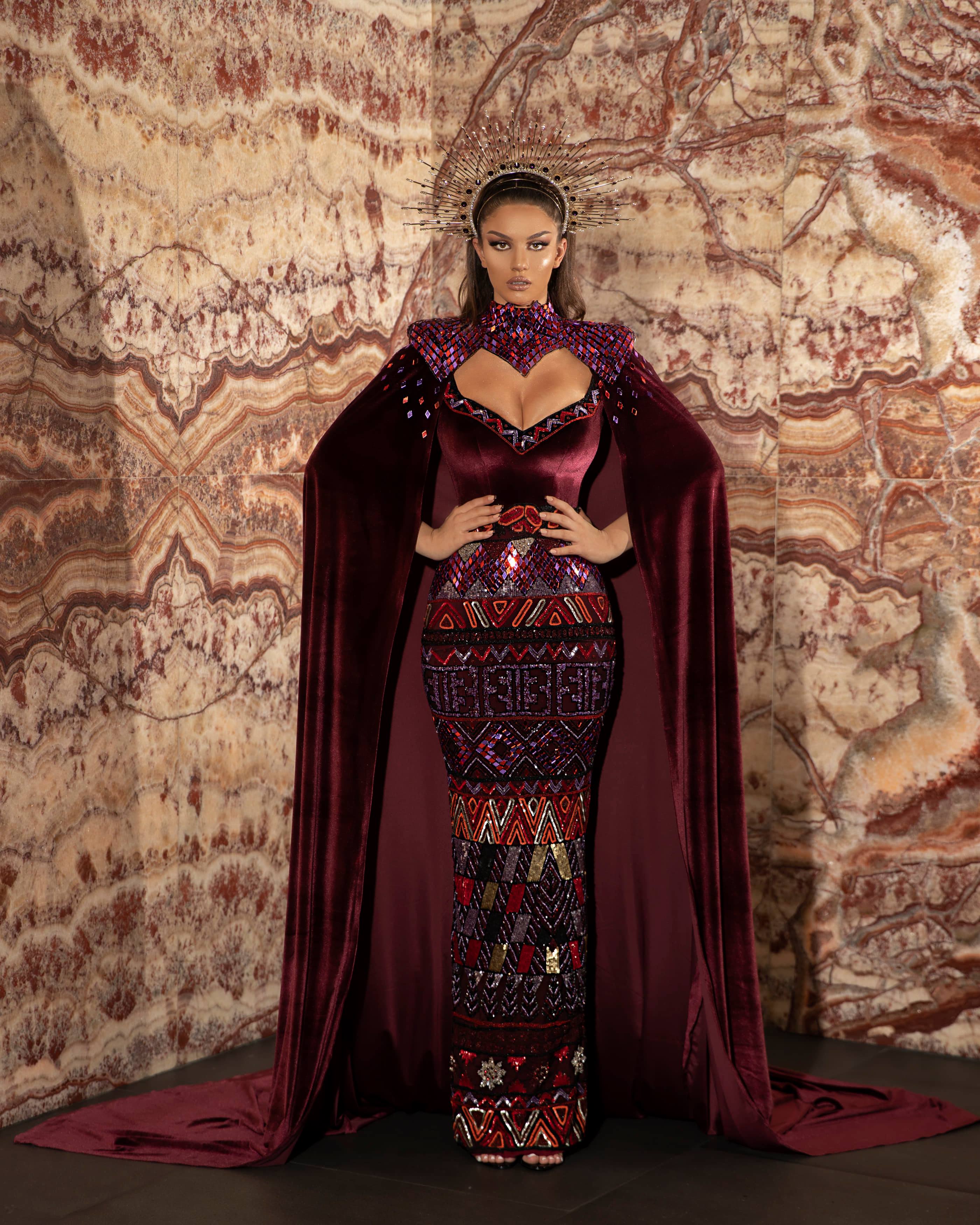 Wine Red Long Dress with Detachable Cape