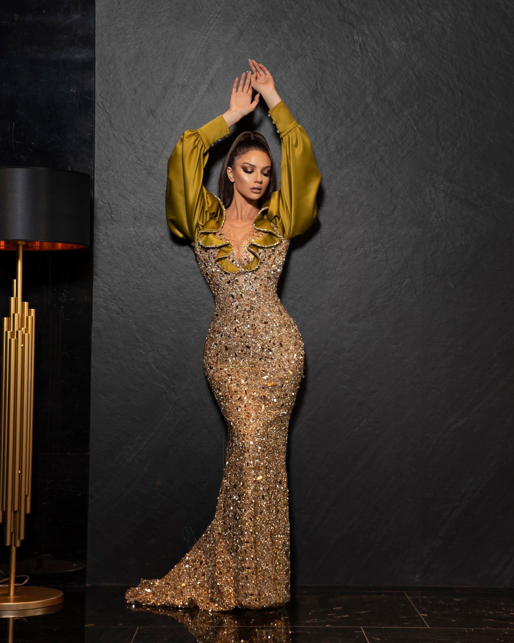 Embellished Gold Dress with Satin Sleeves