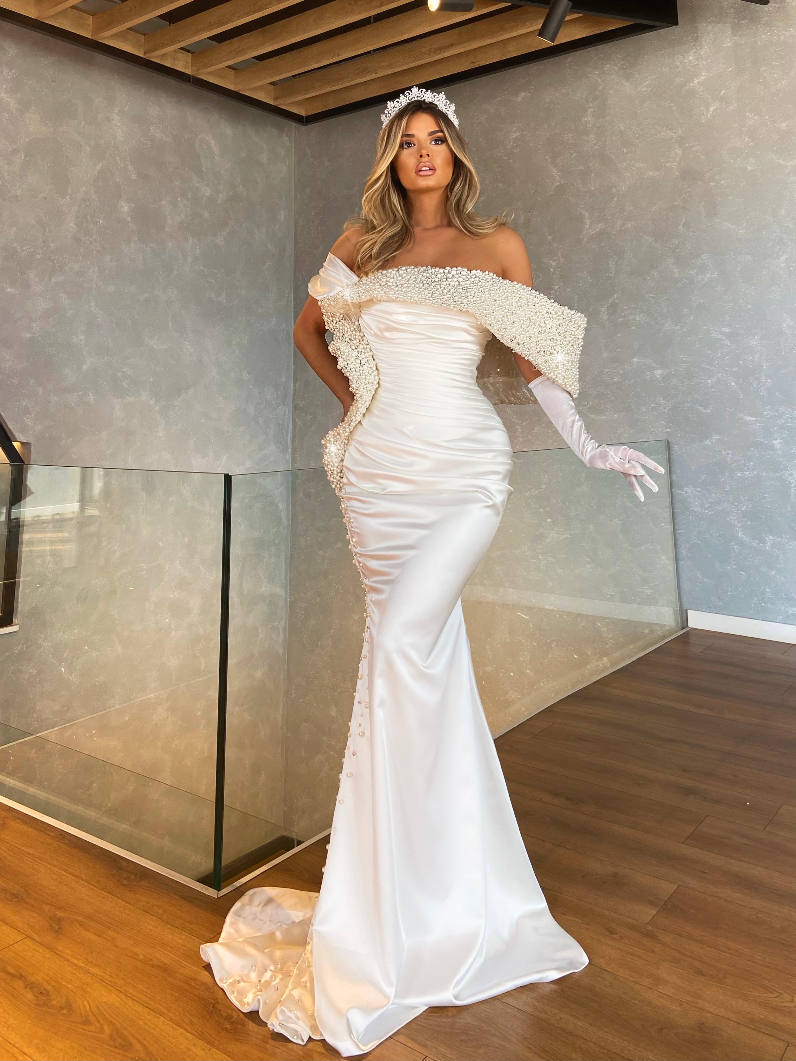 One Shoulder Pearl Embellished Satin Gown with Detachable Train